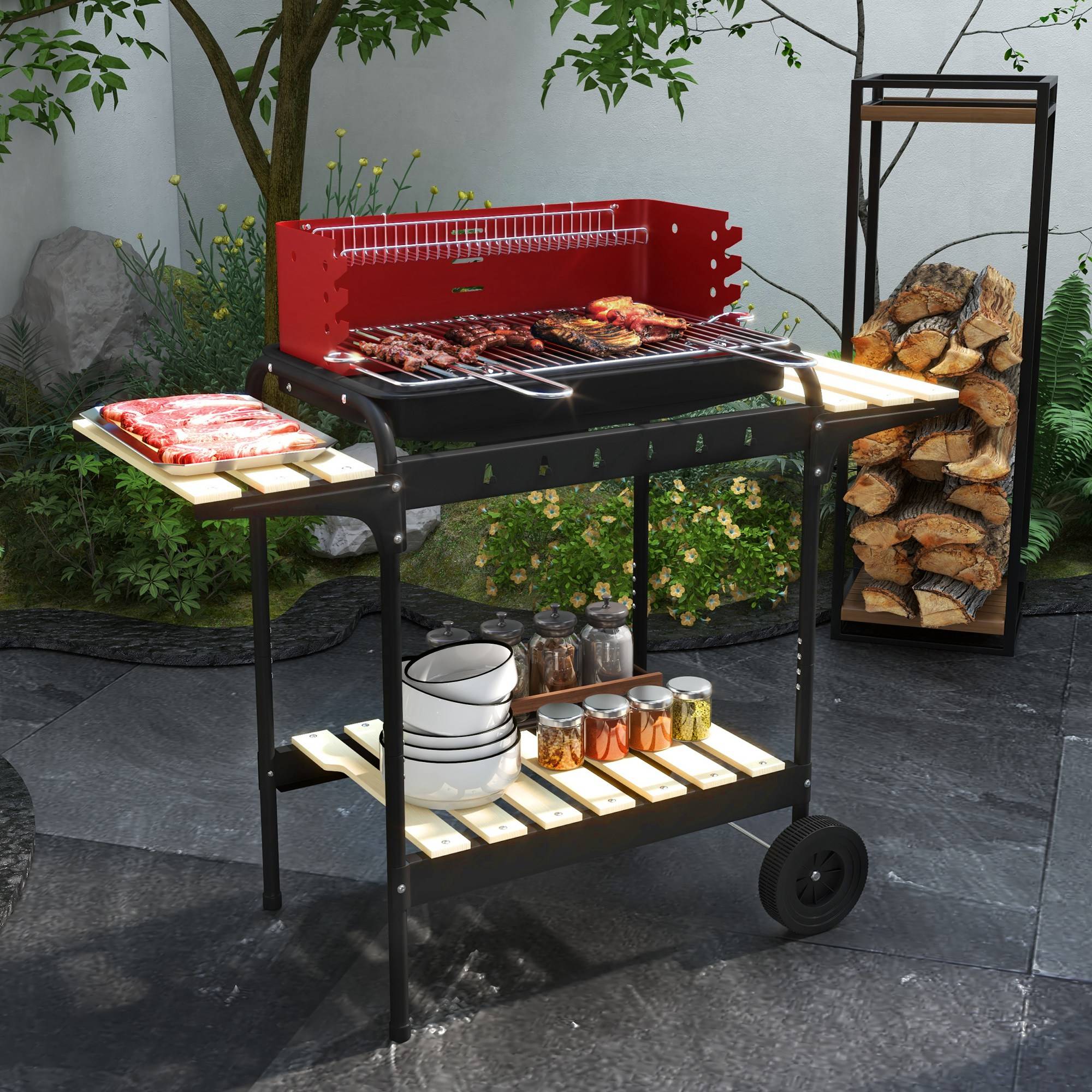 Sans Marque - Barbecue fumoir à charbon de bois en métal avec roulettes, grille réglable en hauteur, étagère en bois, 103 x 47 x 95 cm, rouge - Image 4