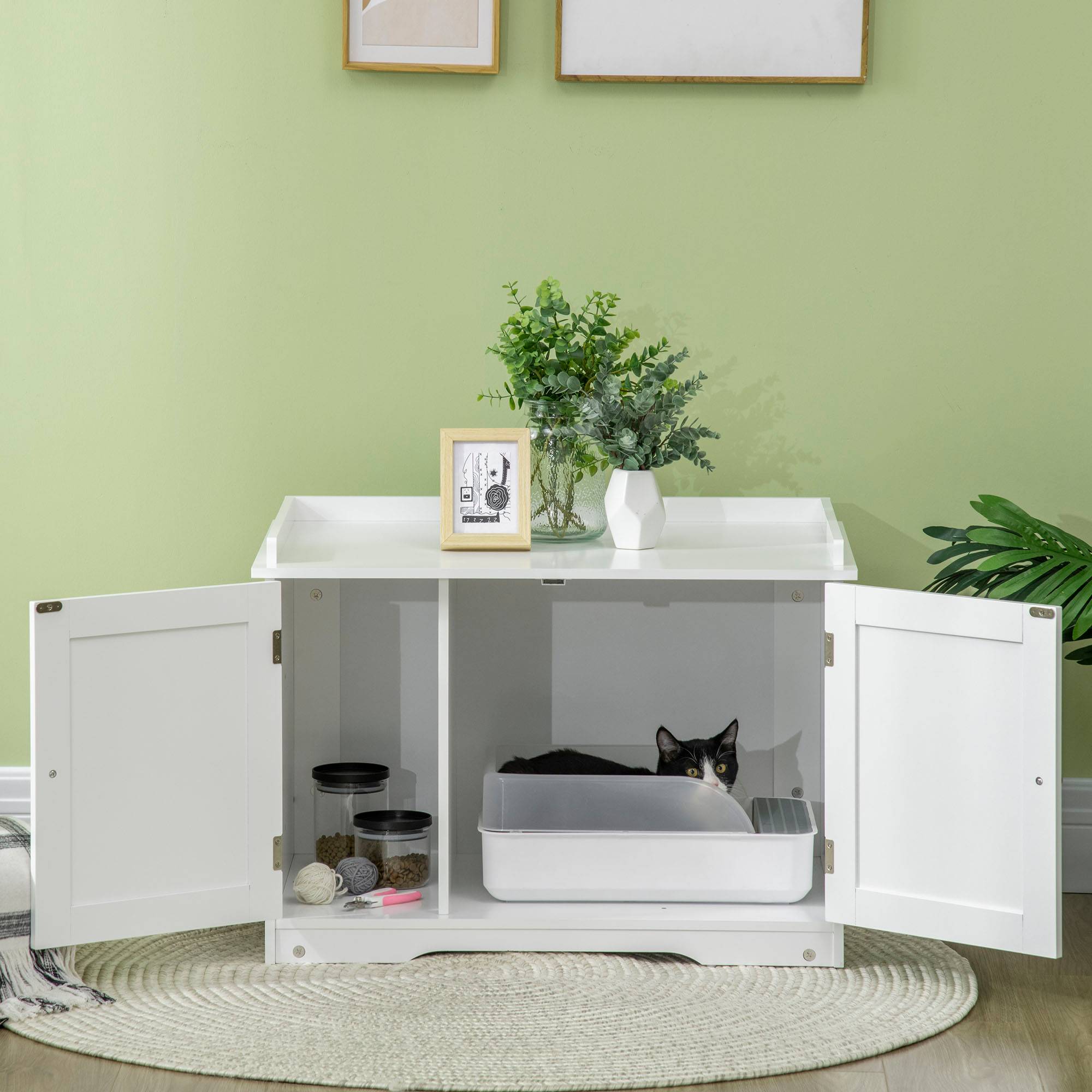 Litière chat maison cloison double porte magnétique étagère latérale blanc 86x48x52 cm - Image 3