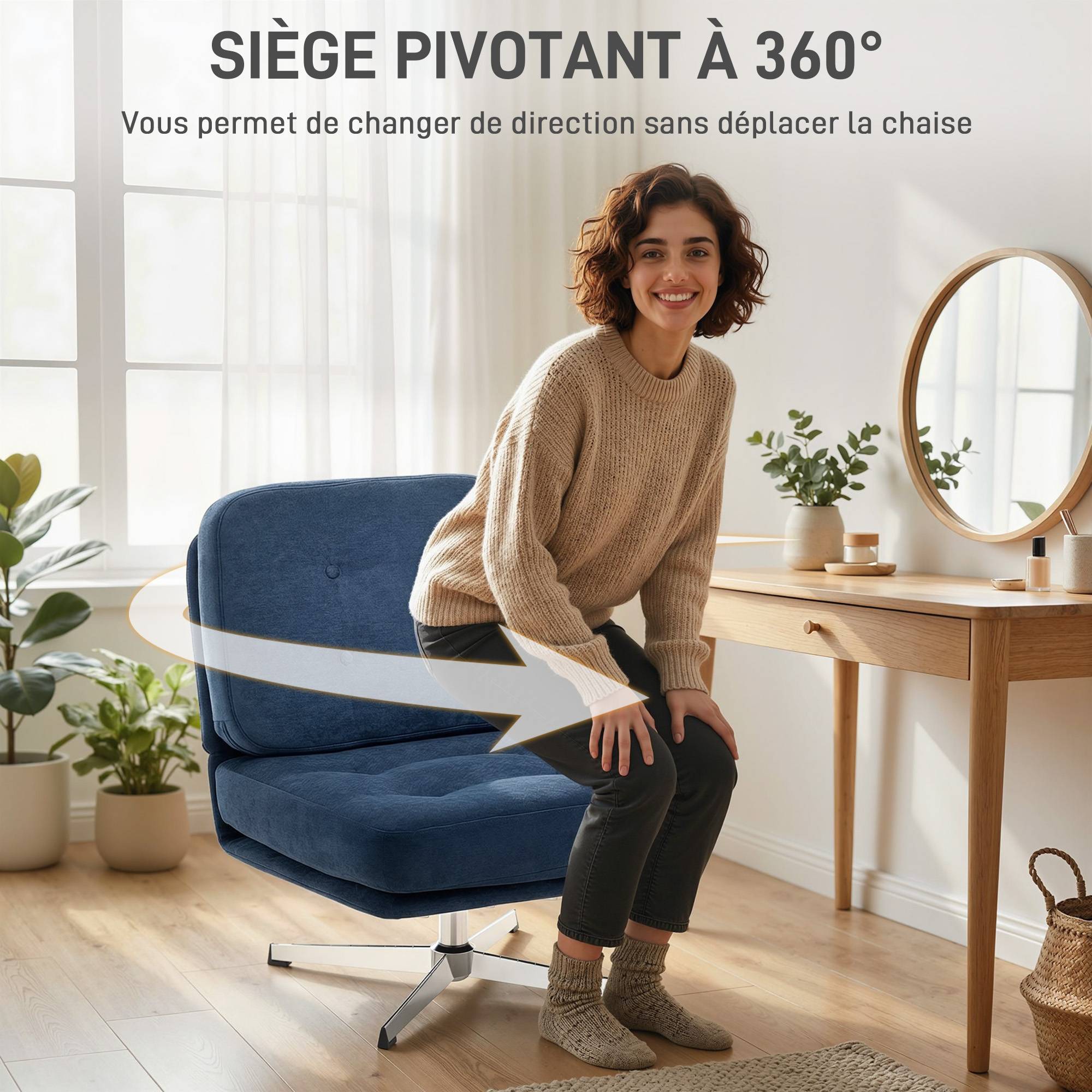 Fauteuil salon sans accoudoir chaise pivotante en tissu chenille assise large, pieds croisés 70 x 87 x 84 cm bleu foncé - Image 9