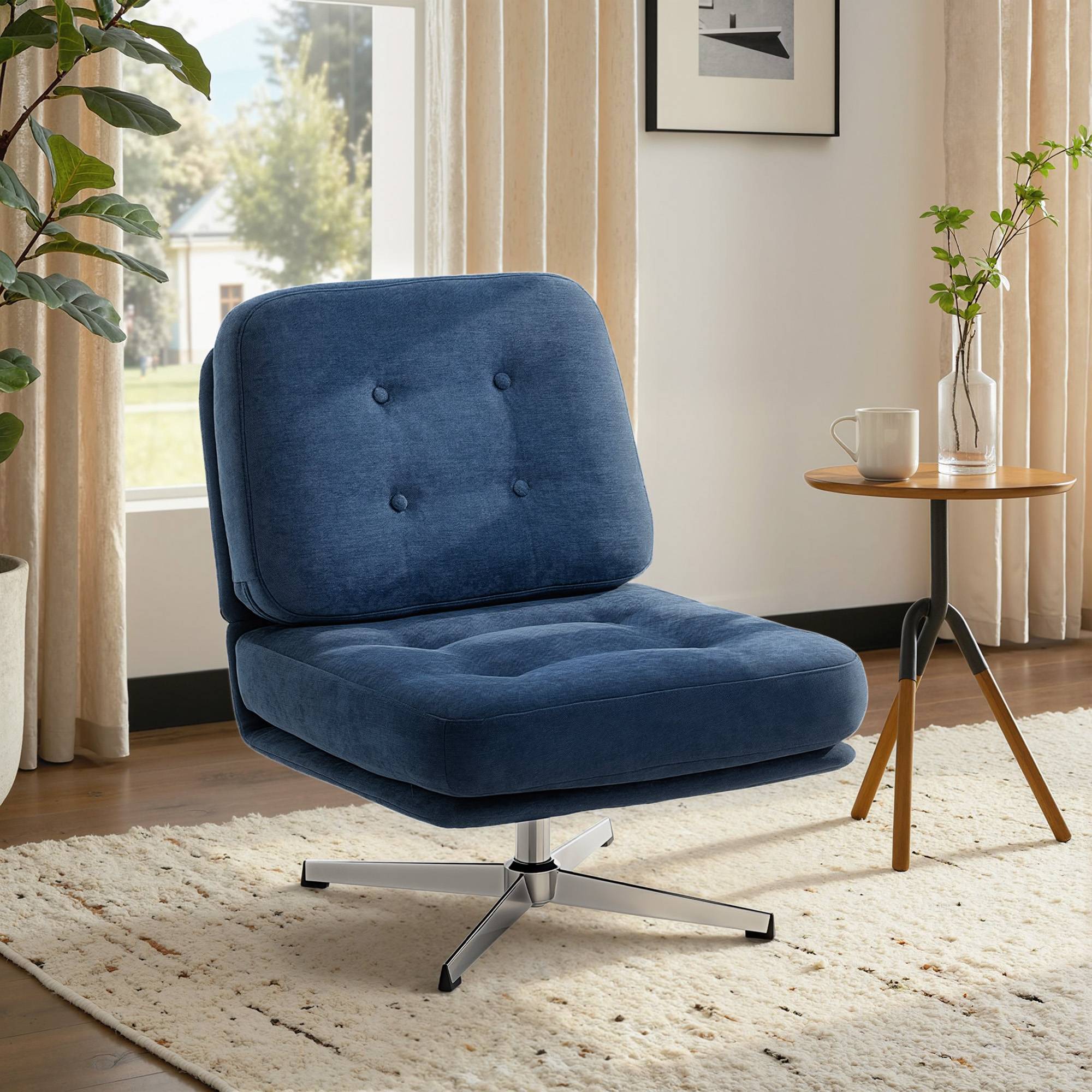 Fauteuil salon sans accoudoir chaise pivotante en tissu chenille assise large, pieds croisés 70 x 87 x 84 cm bleu foncé - Image 4