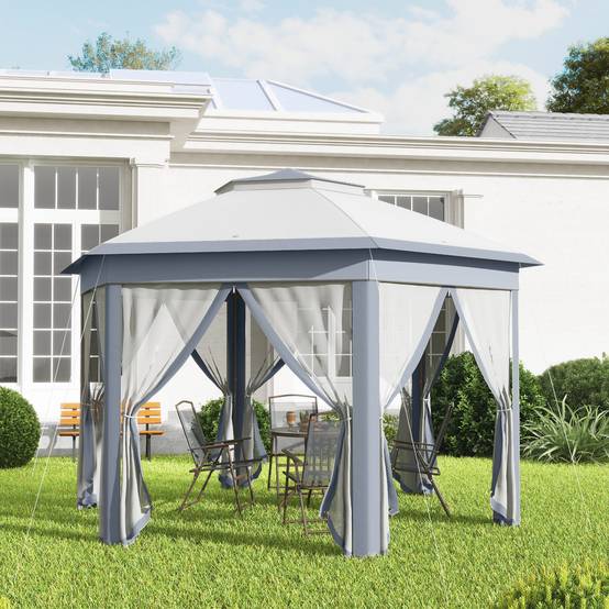 Tonnelle pliante métal pour jardin avec moustiquaire et toit ventilé 4x4 m Gris - ComfortXL Outdoor Living - Image 3
