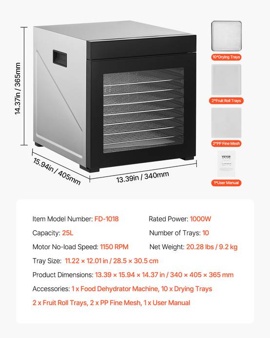 VEVOR Déshydrateur alimentaire 10 plateaux inox 1000W, température/minuterie réglables, pour viande, fruits, légumes. - Image 7