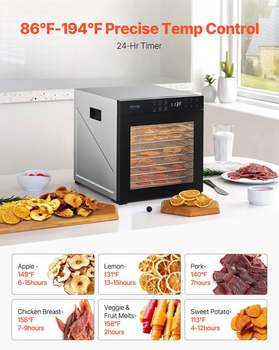 VEVOR Déshydrateur alimentaire 10 plateaux inox 1000W, température/minuterie réglables, pour viande, fruits, légumes. - Image 5