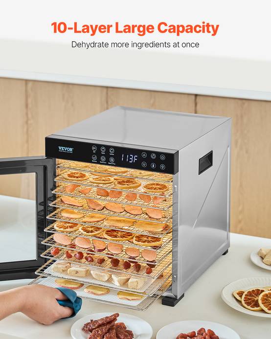 VEVOR Déshydrateur alimentaire 10 plateaux inox 1000W, température/minuterie réglables, pour viande, fruits, légumes. - Image 4