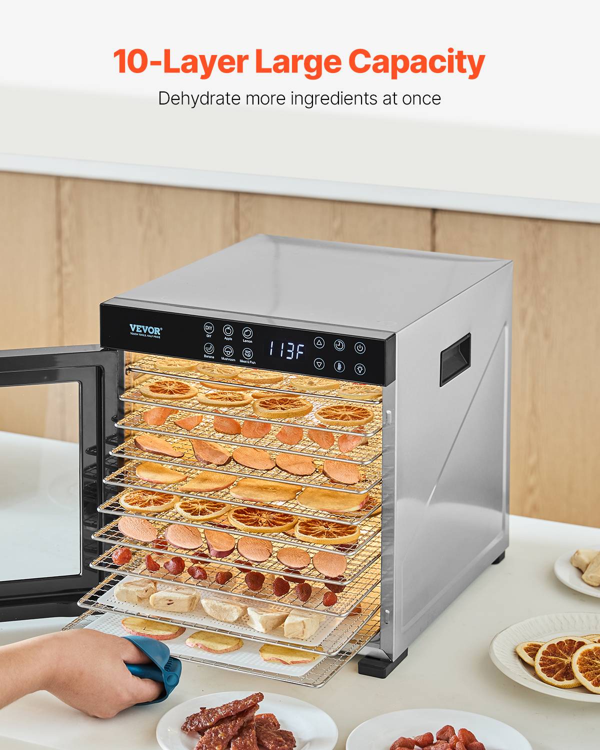 VEVOR Déshydrateur alimentaire 10 plateaux inox 1000W, température/minuterie réglables, pour viande, fruits, légumes. - Image 4