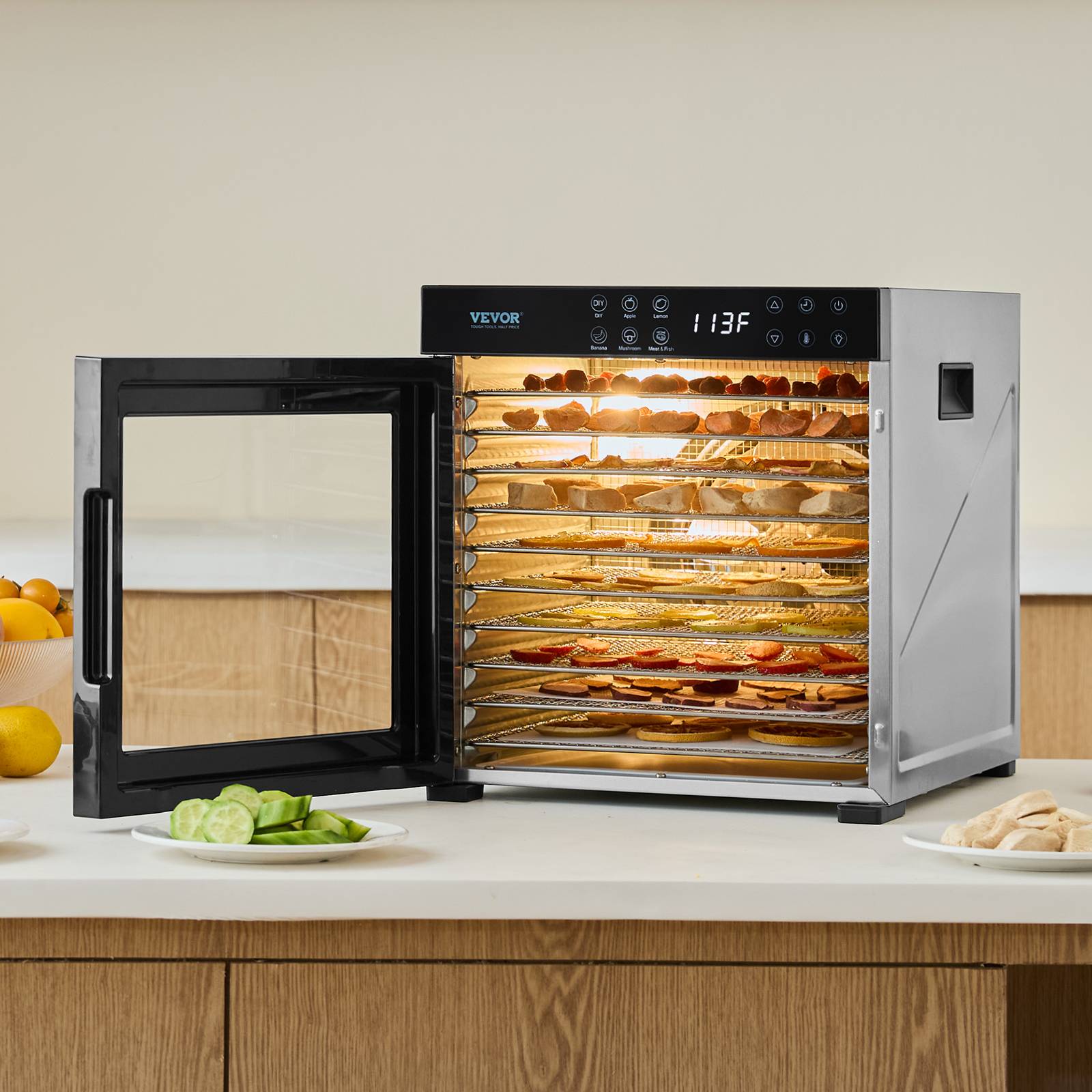 VEVOR Déshydrateur alimentaire 10 plateaux inox 1000W, température/minuterie réglables, pour viande, fruits, légumes. - Image 8
