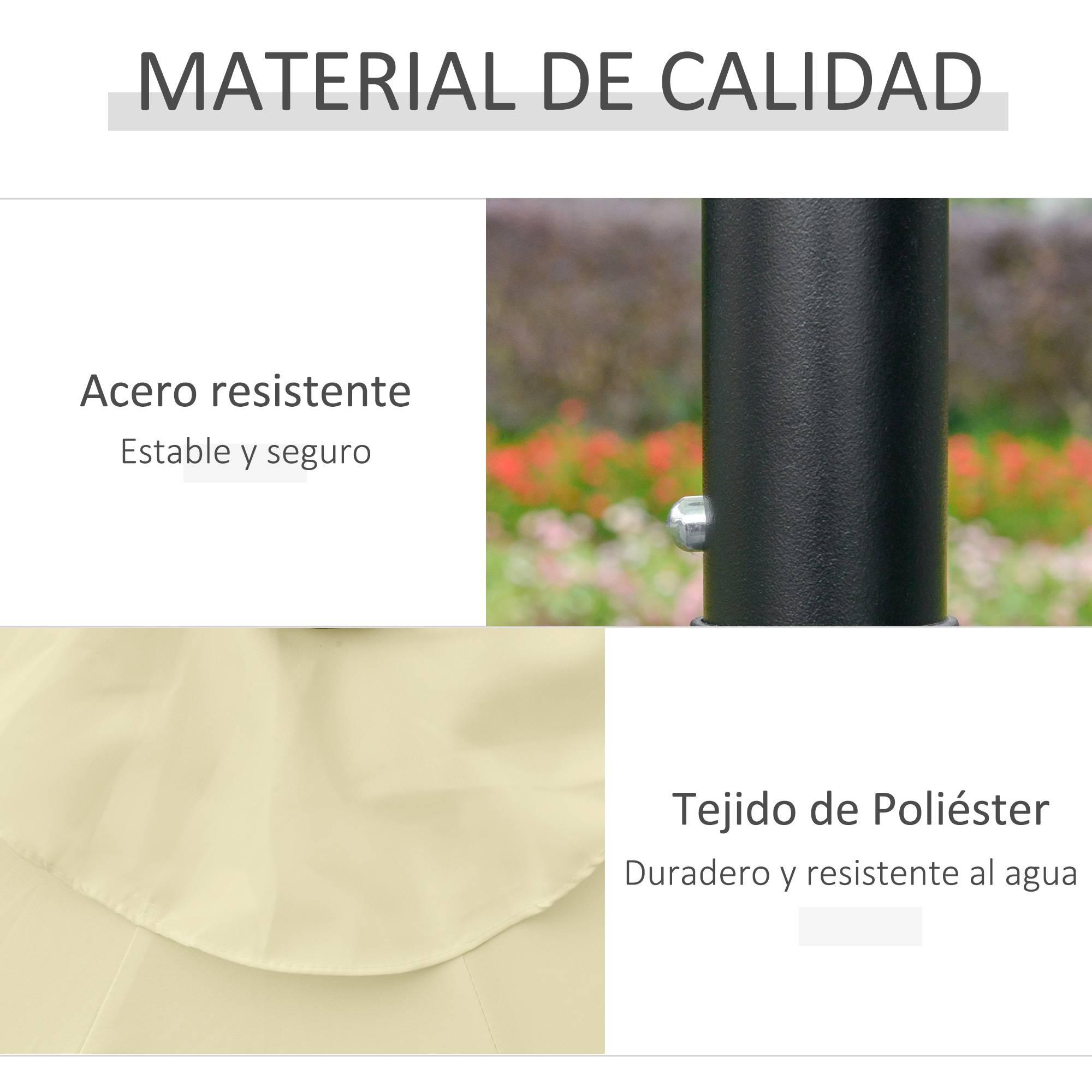 Parasol terrasse exterieur Ø265 cm, 32 LED solaires, mat acier, manivelle, inclinable, patio terrasse beige - Image 8