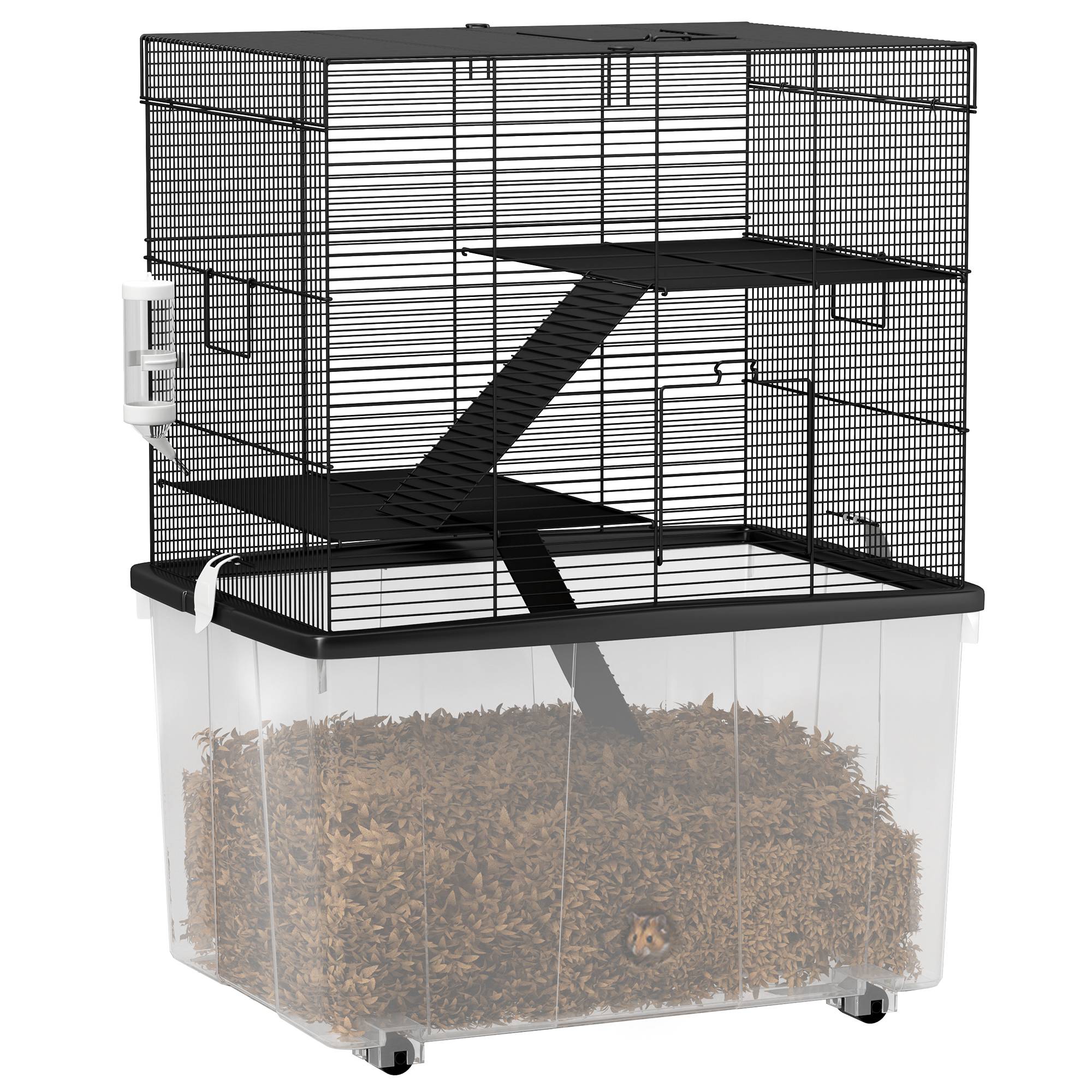 Sans Marque - Cage hamster 3 étages roulettes 2 plateformes rampes gamelle biberon 58x43x74 cm noire - Image 1