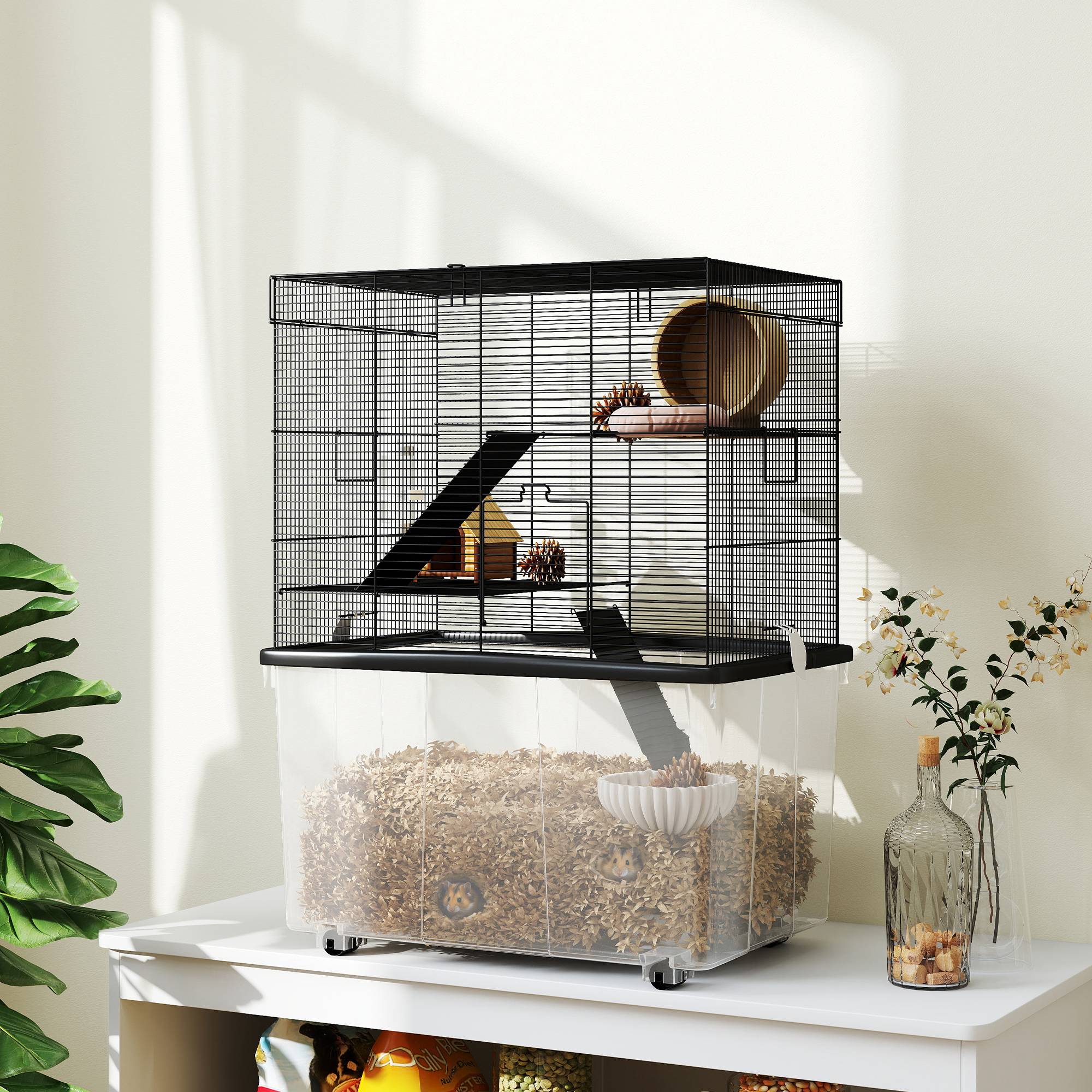 Sans Marque - Cage hamster 3 étages roulettes 2 plateformes rampes gamelle biberon 58x43x74 cm noire - Image 4
