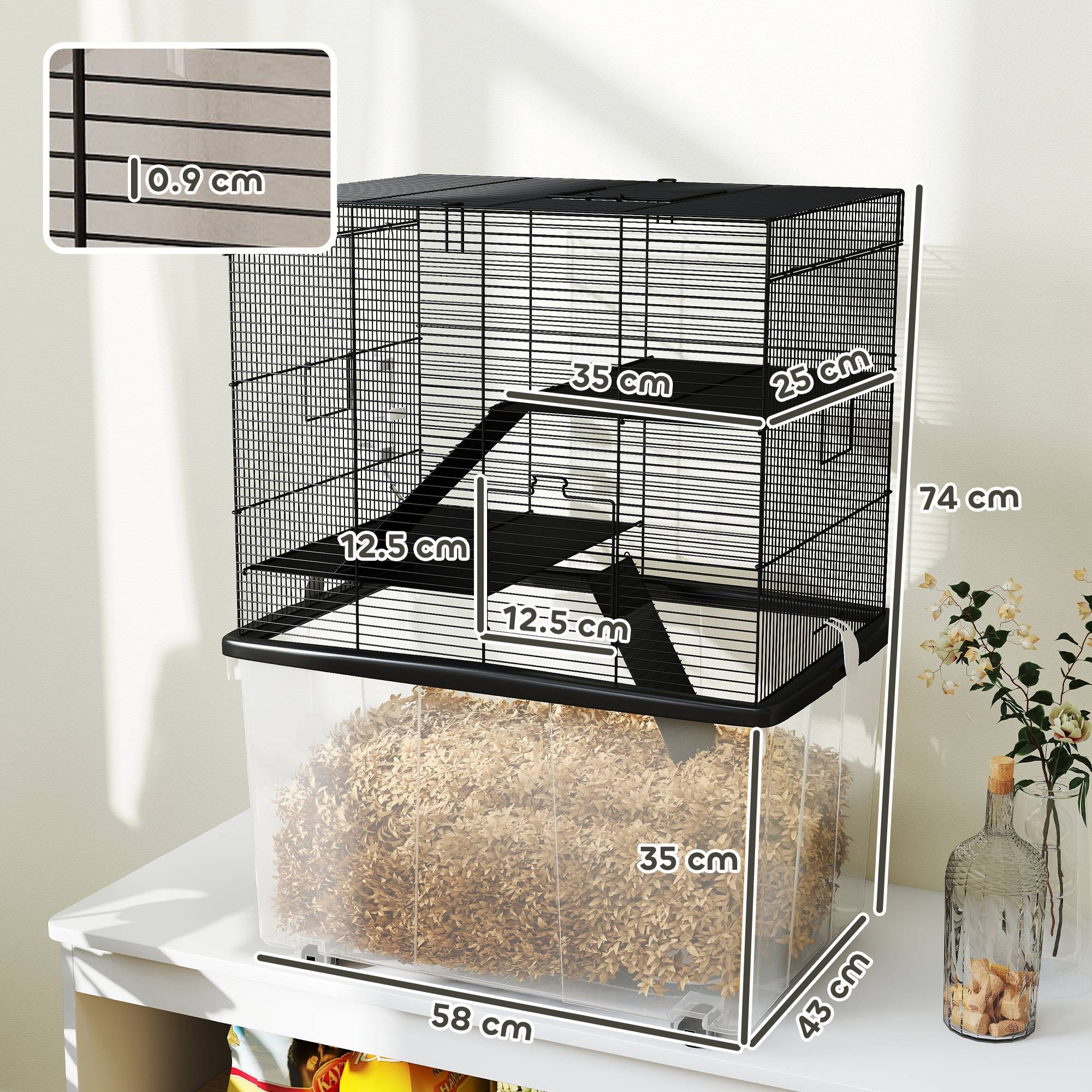 Sans Marque - Cage hamster 3 étages roulettes 2 plateformes rampes gamelle biberon 58x43x74 cm noire - Image 5