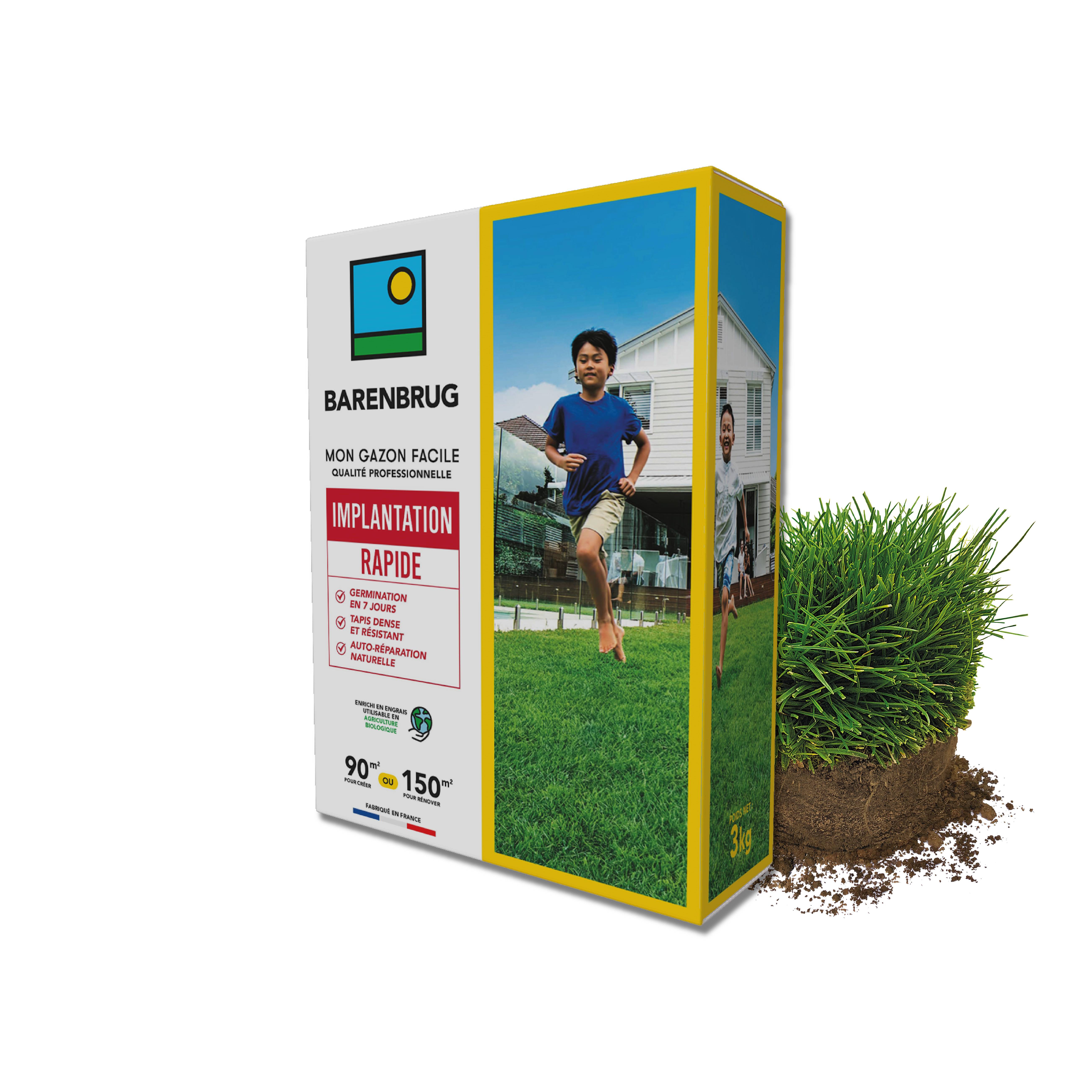 Gazon Implantation Rapide - Germination en 7 Jours - Tapis Dense et Résistant - Autoréparation Naturelle - 3KG - BARENBRUG