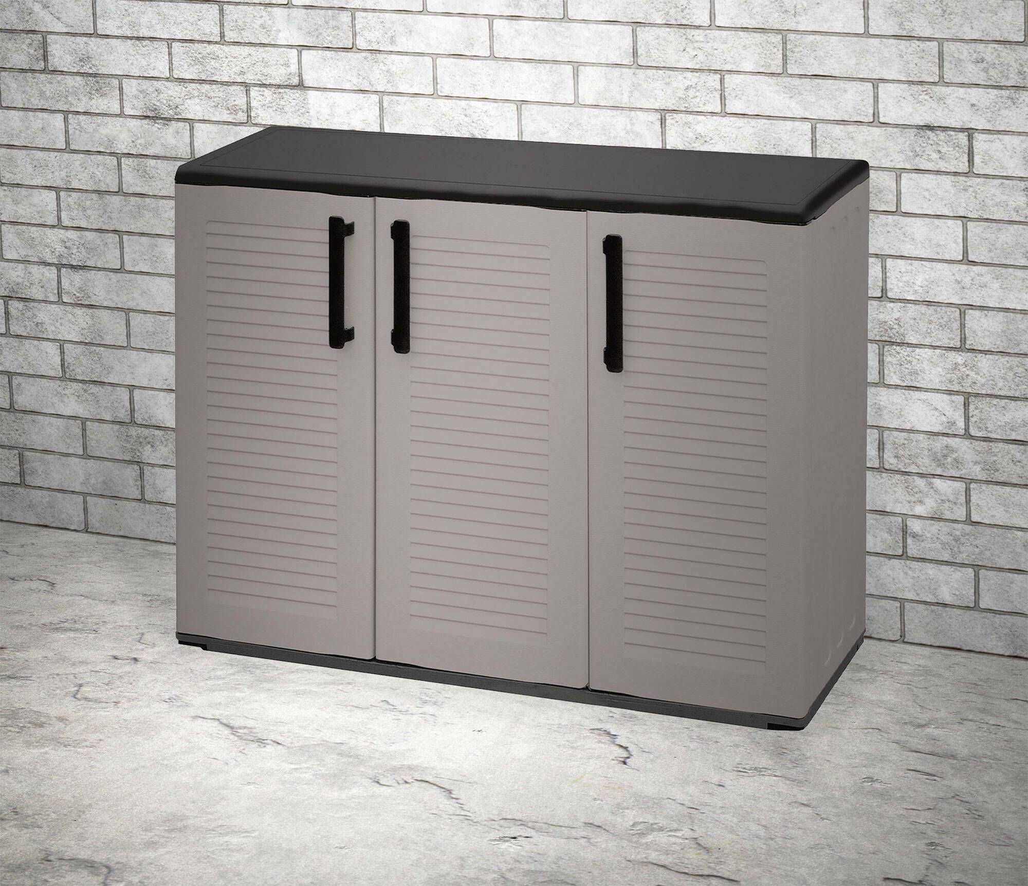 Dmora - Armoire d'extérieur Darmellin, Armoire de balcon polyvalente, Armoire d'extérieur 3 portes, 102x37h84 cm, Gris et Noir, Finition rayée - Dmora - Image 2