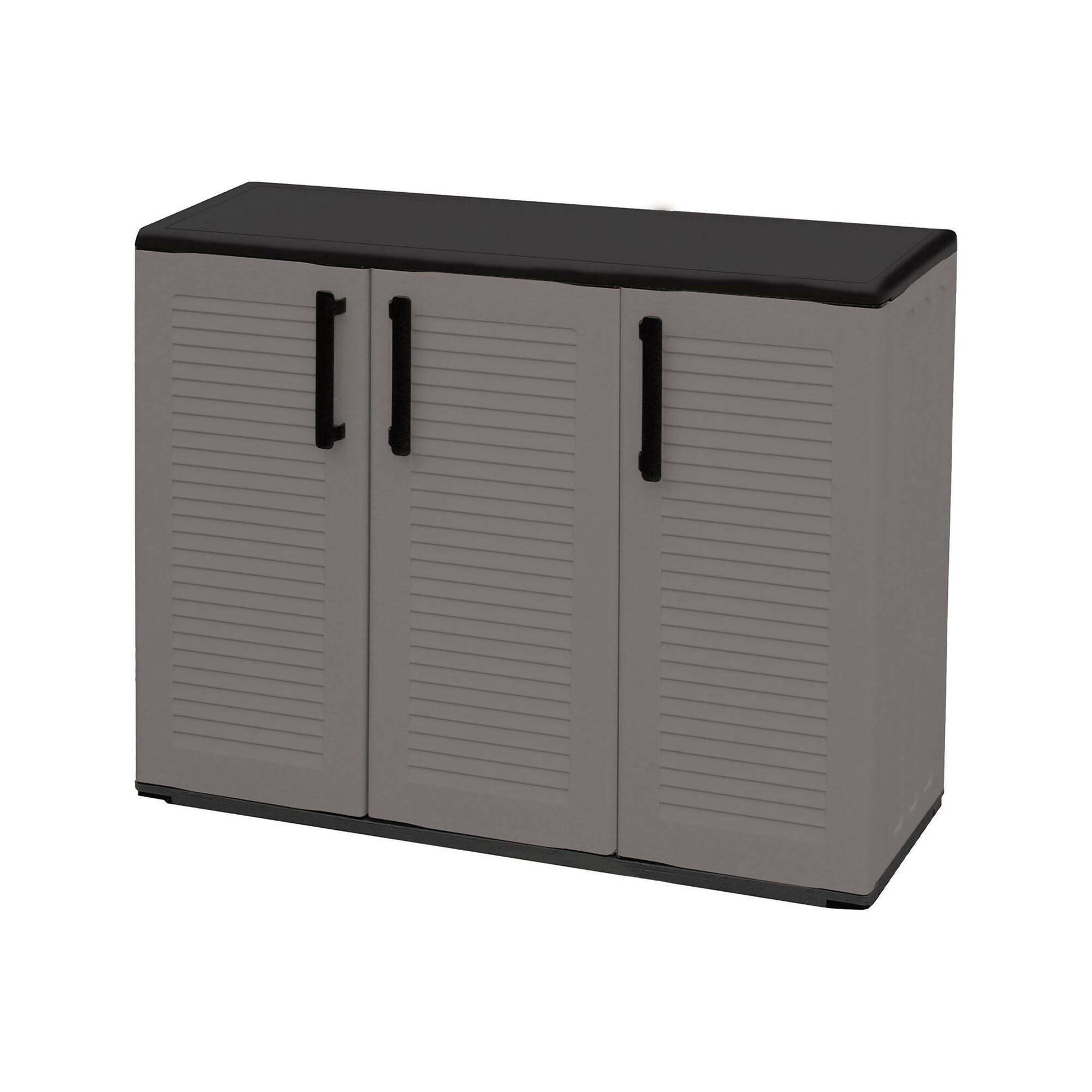 Dmora - Armoire d'extérieur Darmellin, Armoire de balcon polyvalente, Armoire d'extérieur 3 portes, 102x37h84 cm, Gris et Noir, Finition rayée - Dmora - Image 1