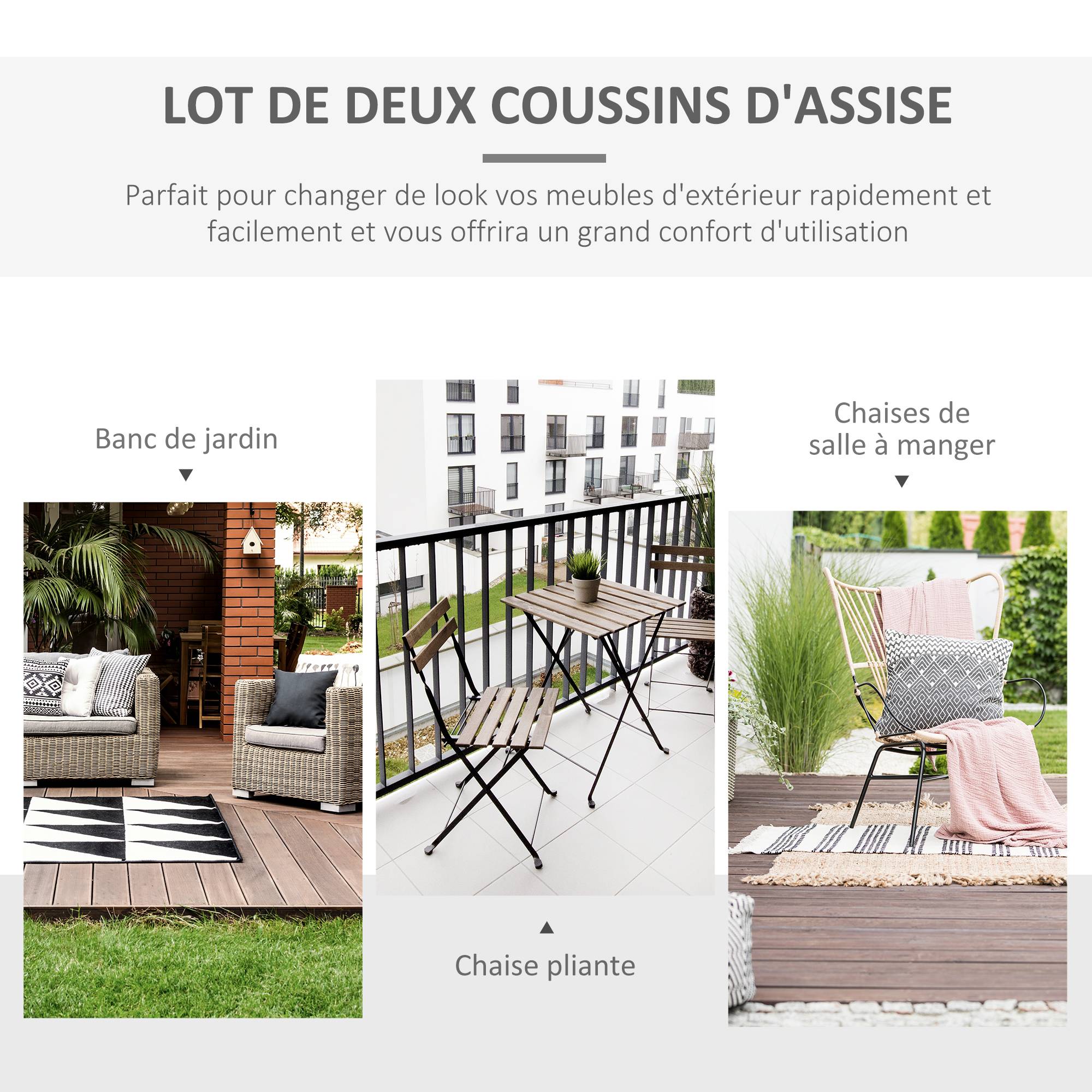 Lot de 2 Coussins de chaise de jardin Coussin chaise extérieur Coussins d'assise déhoussables Rembourrage 5 cm Tissu Polyester dim. 45L x 45l cm - Image 8