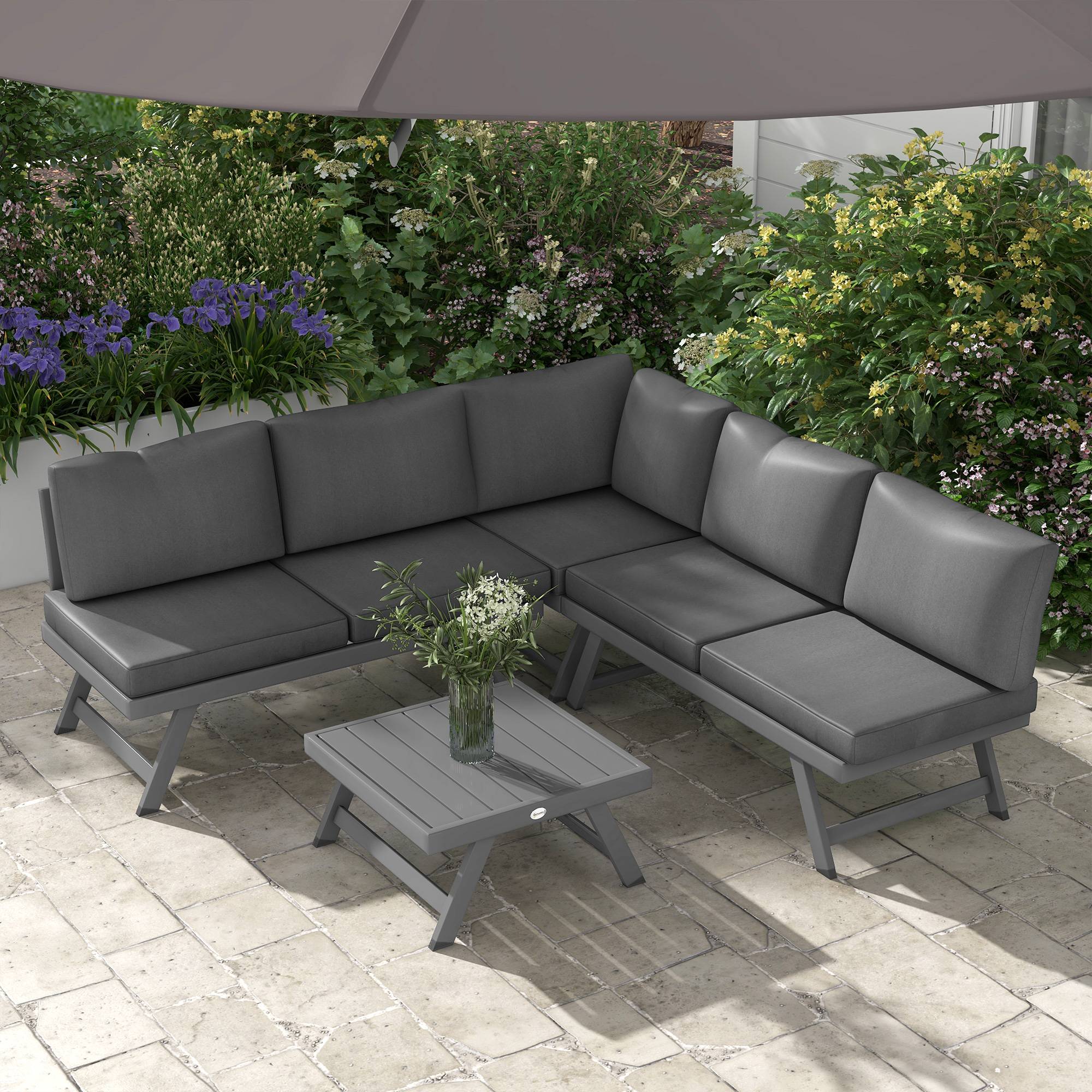 Ensemble salon de jardin d'angle et convertible 4 pièces avec 2 banquettes, 1 fauteuil d'angle et 1 table basse - Image 4
