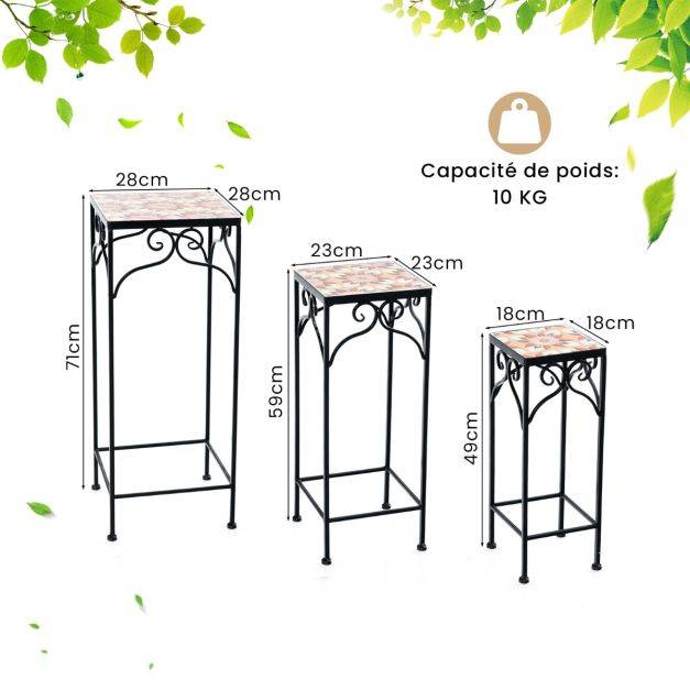 Helloshop26 - Lot de 3 supports pots de fleurs plateau en céramique à motifs mosaïque patin antidérapant porte plante en métal jaune - Image 5