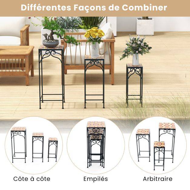 Helloshop26 - Lot de 3 supports pots de fleurs plateau en céramique à motifs mosaïque patin antidérapant porte plante en métal jaune - Image 3