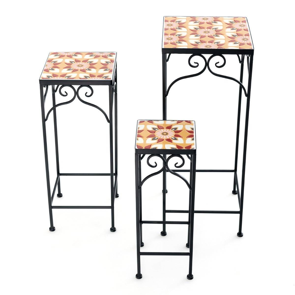 Helloshop26 - Lot de 3 supports pots de fleurs plateau en céramique à motifs mosaïque patin antidérapant porte plante en métal jaune - Image 1