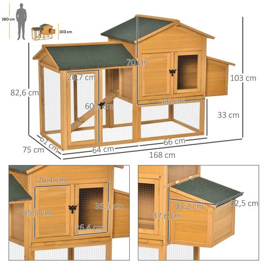 Poulailler pour poules naines avec enclos et pondoir. Construction en bois de sapin traité anti-intempéries, toit en asphalte. Jaune et vert. - Image 5