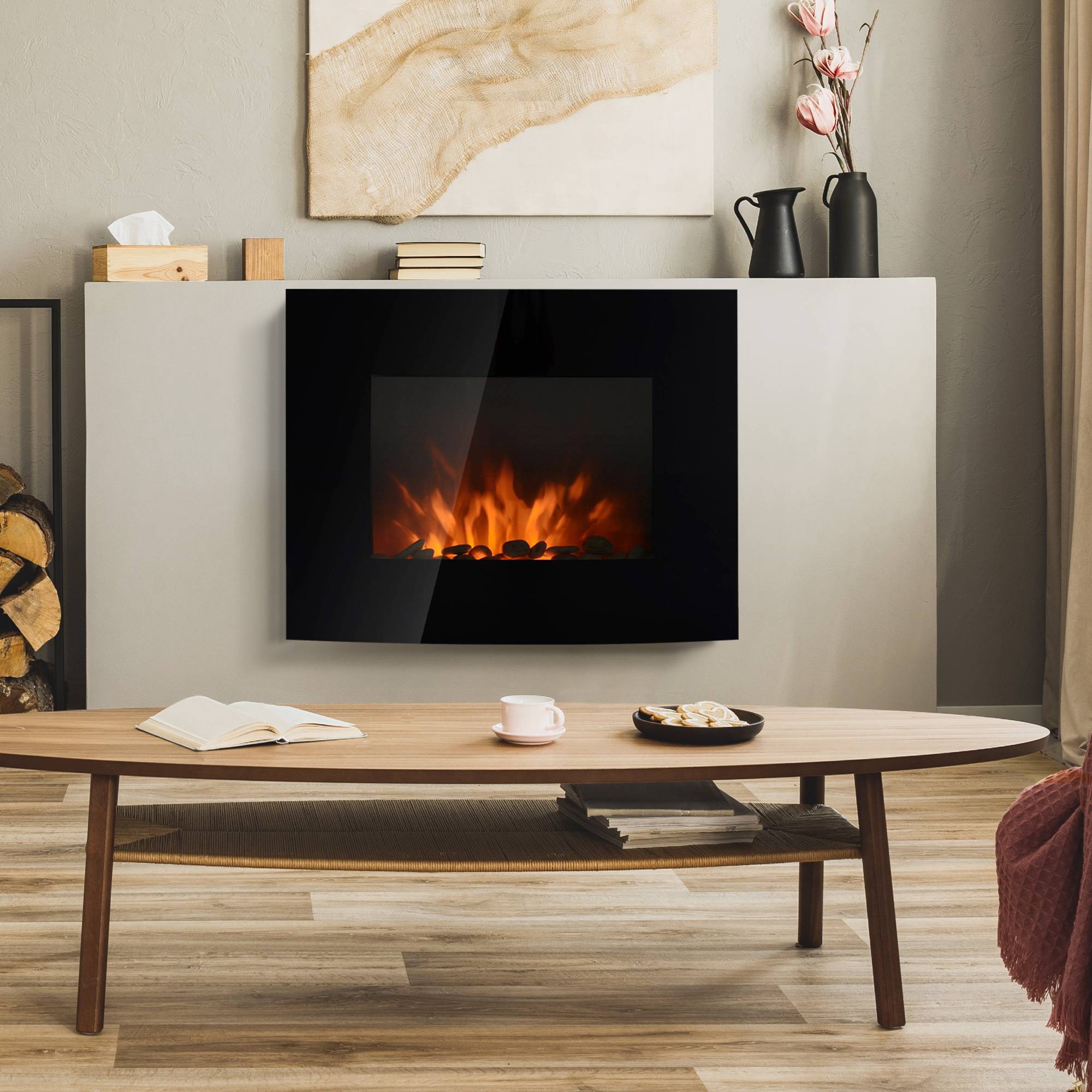Cheminée électrique murale 900/1800W silencieuse avec télécommande, thermostat et effet de flammes noir - Image 2