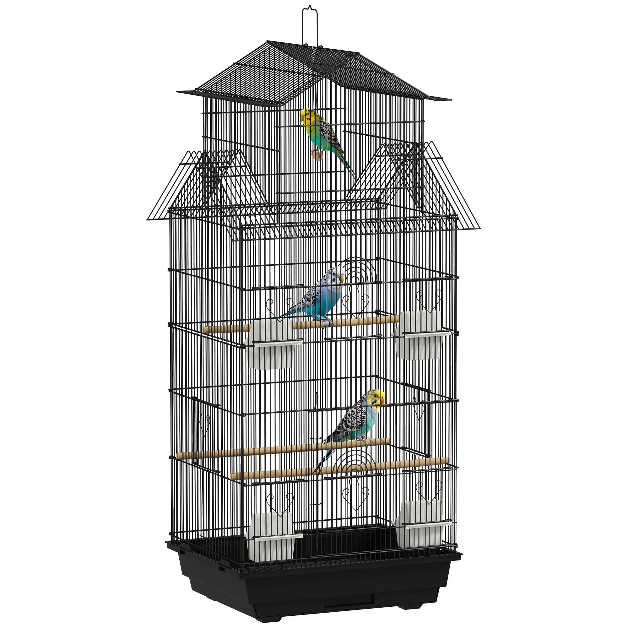 Cage à oiseaux en acier avec mangeoires, perchoirs, balançoire et plateau amovible 50,5 x 41 x 104 cm Noir - Image 1