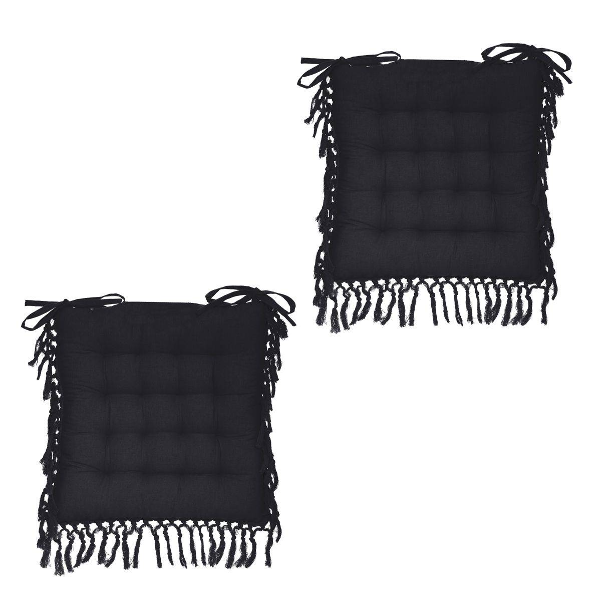 Lot de 2 Galettes de chaise en Coton Gris ardoise avec franges macramé 40 x 40 cm - Image 1