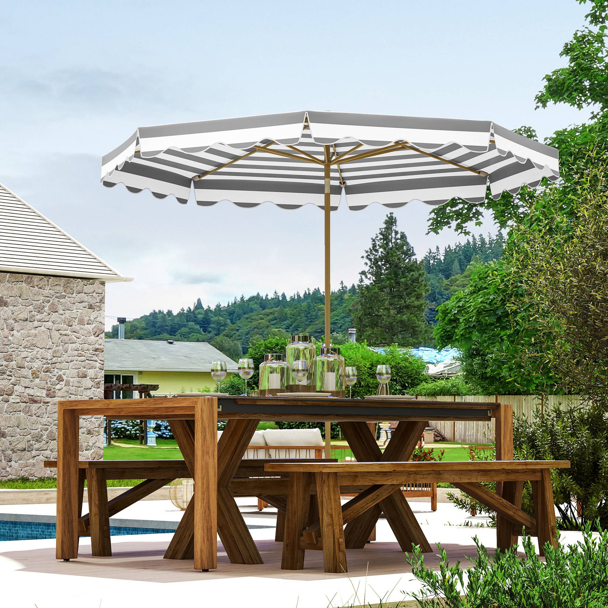 Parasol inclinable octogonal en polyester et métal gris clair 247 x 247 x 268 cm - PANGIVO - Image 3