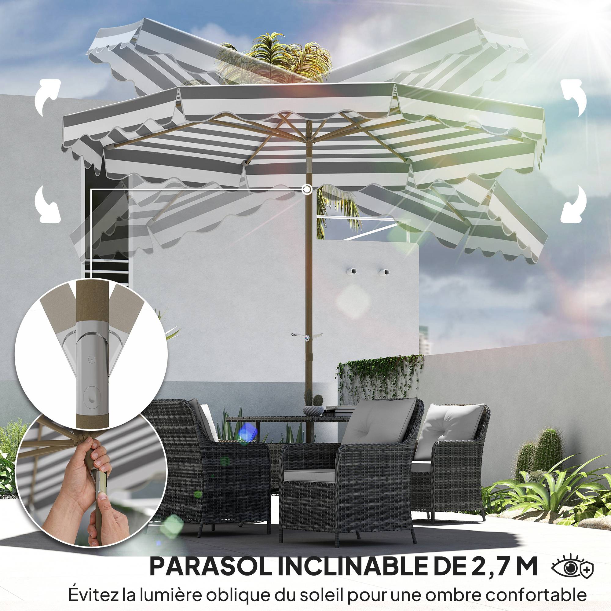 Parasol inclinable octogonal en polyester et métal gris clair 247 x 247 x 268 cm - PANGIVO - Image 6