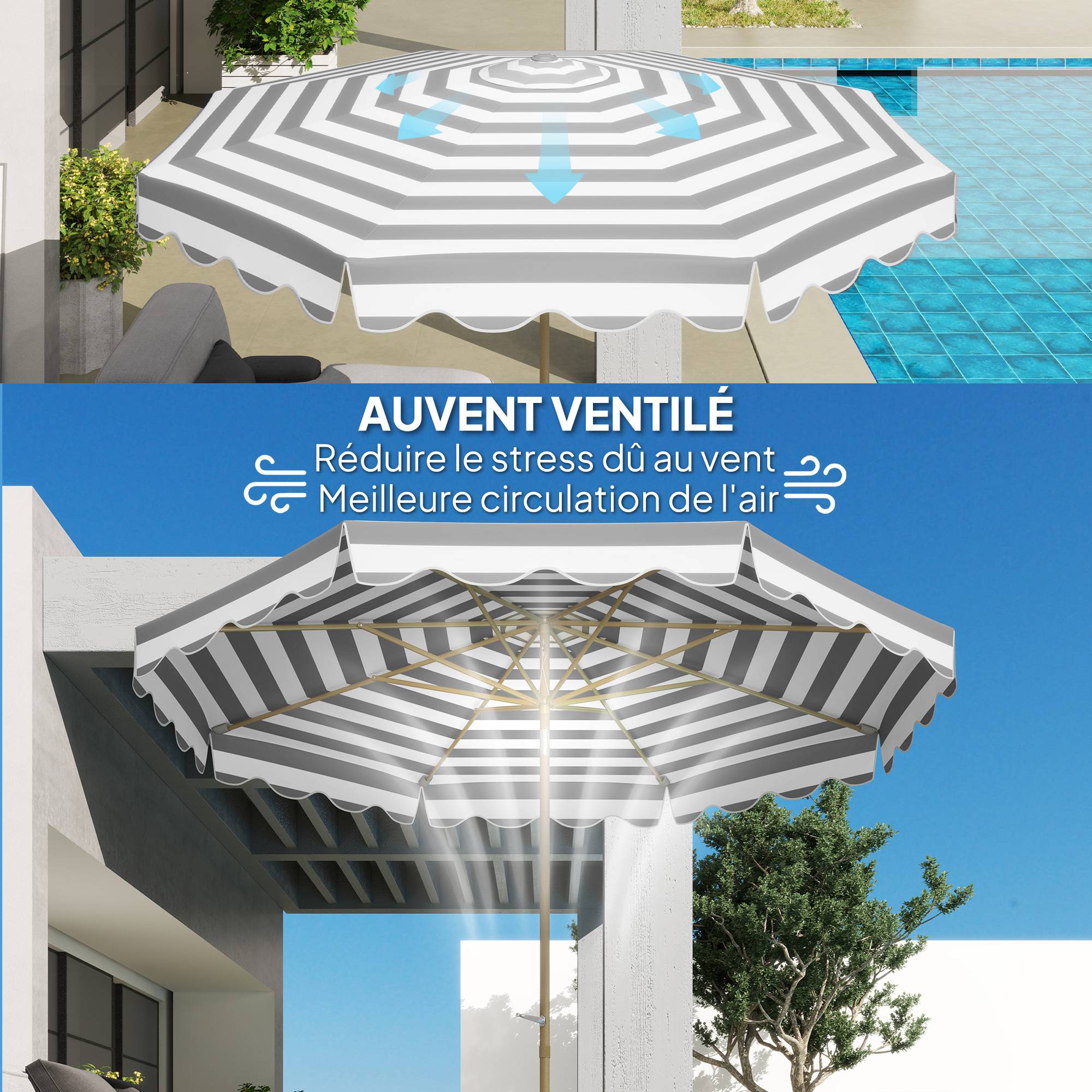 Parasol inclinable octogonal en polyester et métal gris clair 247 x 247 x 268 cm - PANGIVO - Image 8