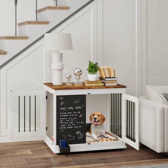 Cage pour chien acier bois intérieur moyen table d'appoint 80x60x70cm blanc - ComfortXL Outdoor Living - Image 3