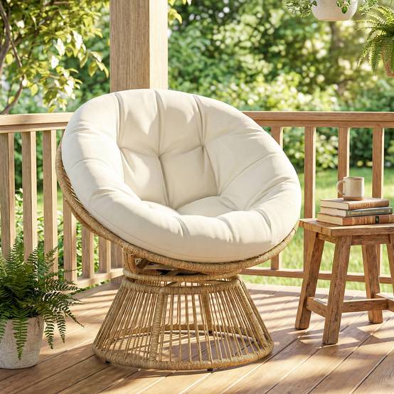Fauteuil Papasan pivotant 360° résine tressée intérieur extérieur avec coussin 93cm crème - ComfortXL Outdoor Living - Image 3