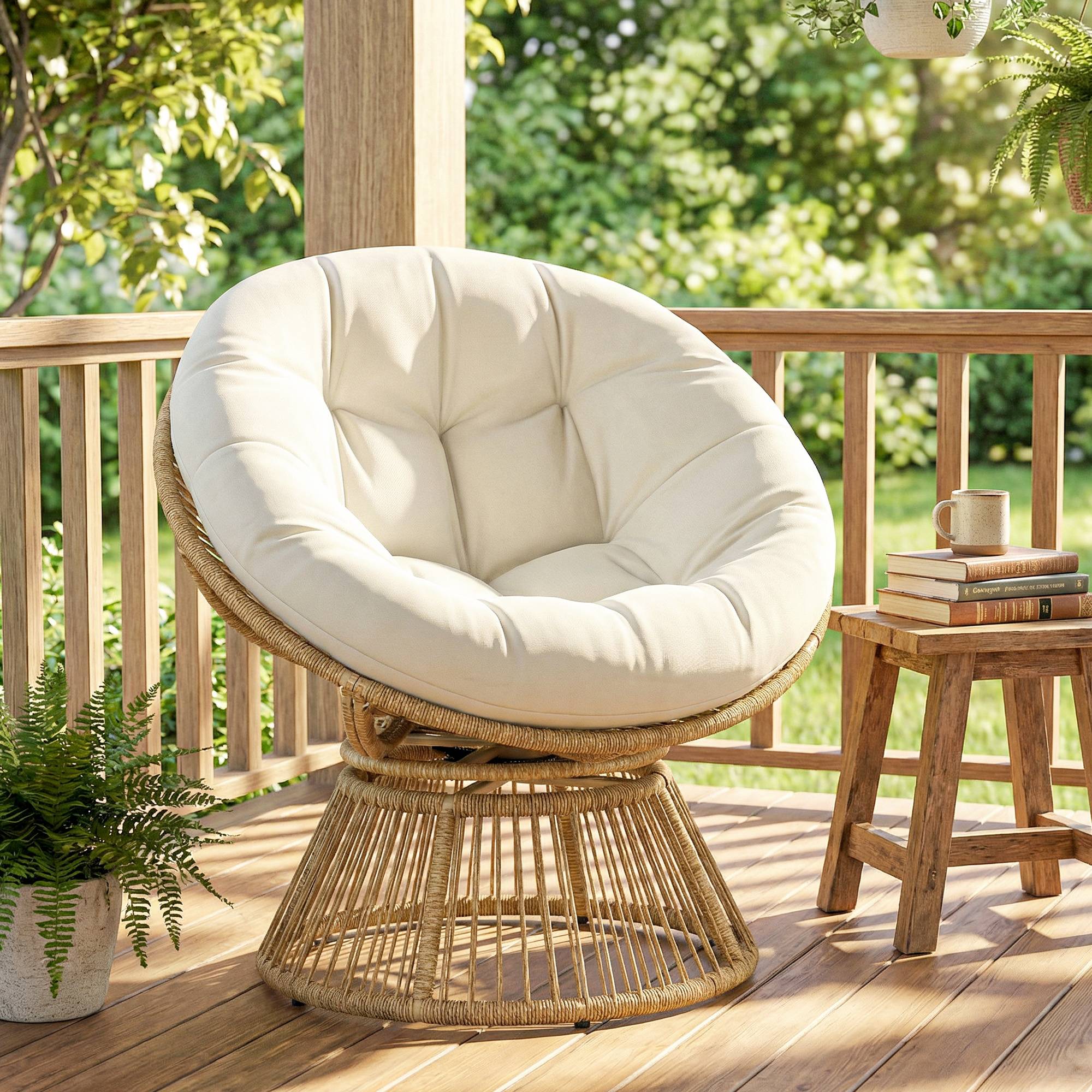 Fauteuil Papasan pivotant 360° résine tressée intérieur extérieur avec coussin 93cm crème - ComfortXL Outdoor Living - Image 3