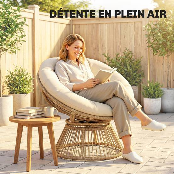 Fauteuil Papasan pivotant 360° résine tressée intérieur extérieur avec coussin 93cm crème - ComfortXL Outdoor Living - Image 10