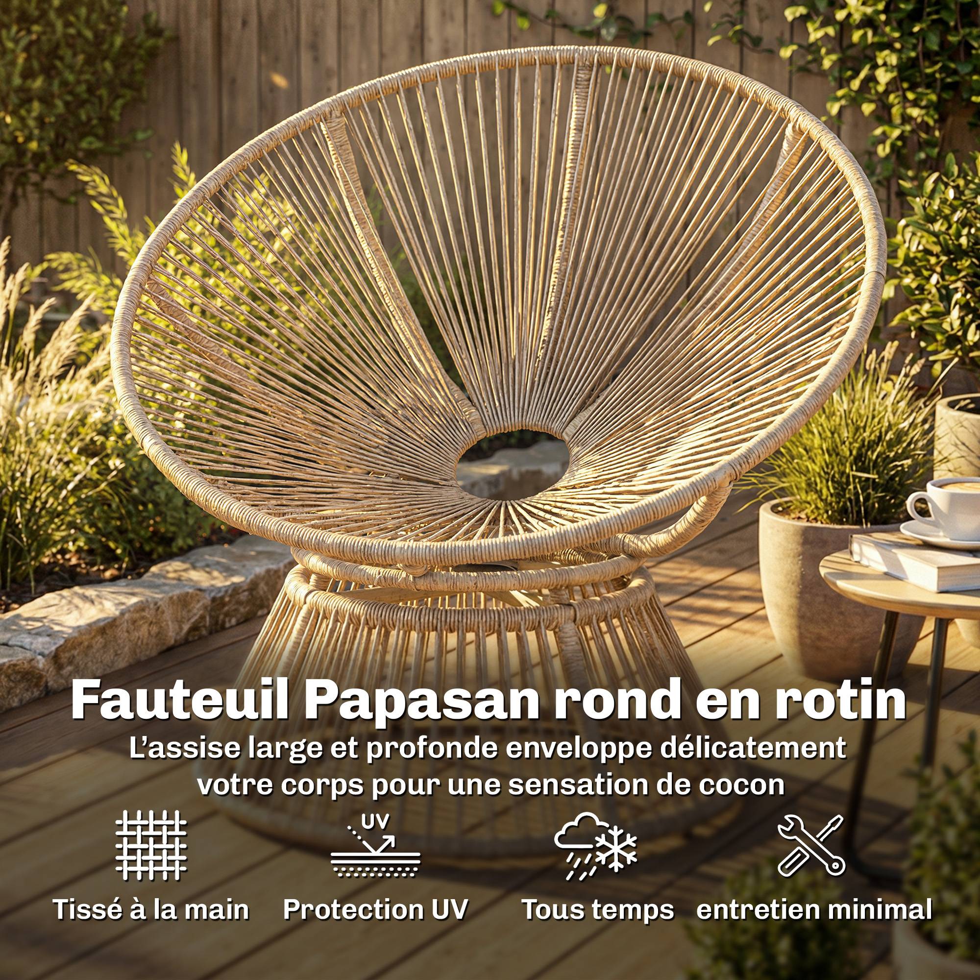 Fauteuil Papasan pivotant 360° résine tressée intérieur extérieur avec coussin 93cm crème - ComfortXL Outdoor Living - Image 7