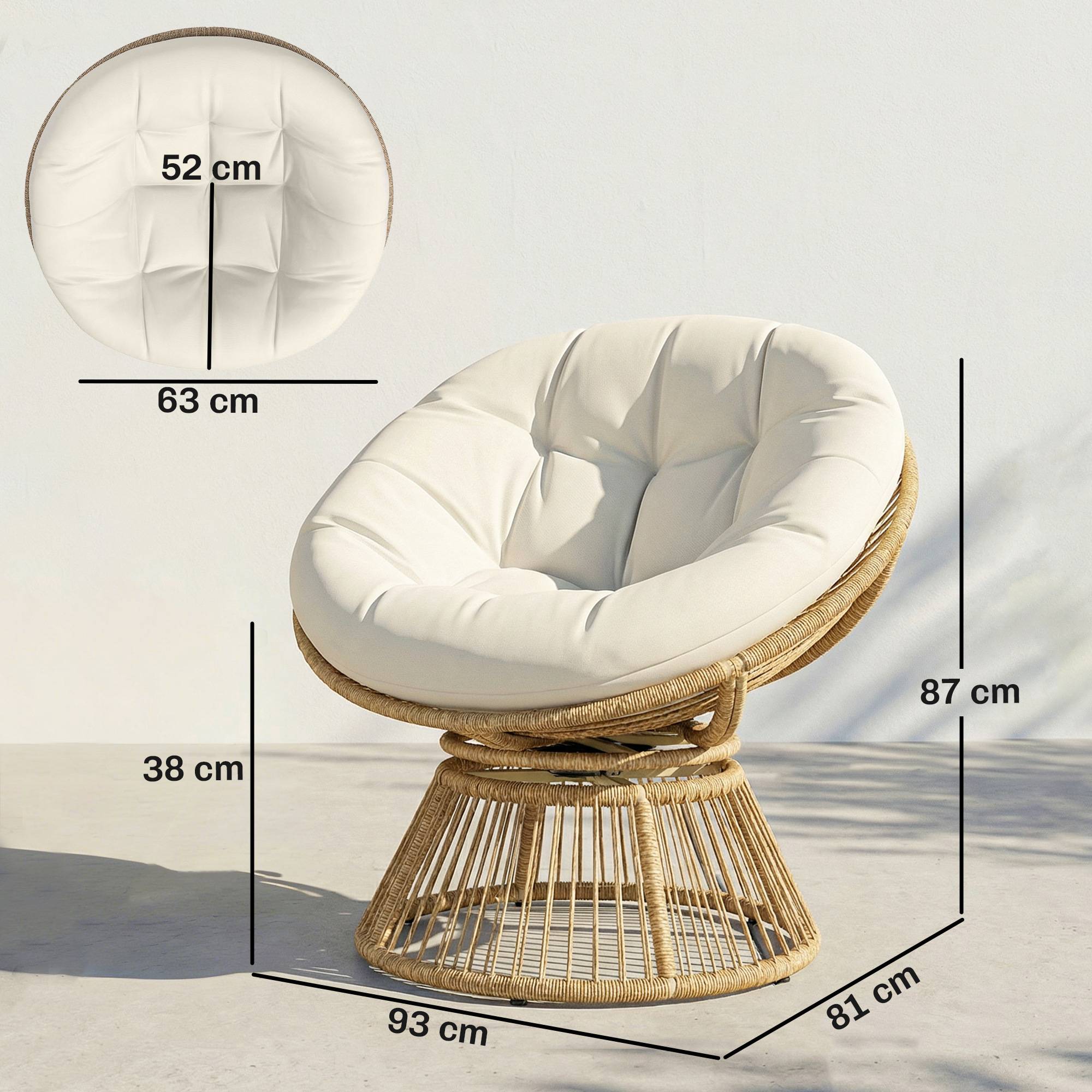 Fauteuil Papasan pivotant 360° résine tressée intérieur extérieur avec coussin 93cm crème - ComfortXL Outdoor Living - Image 5