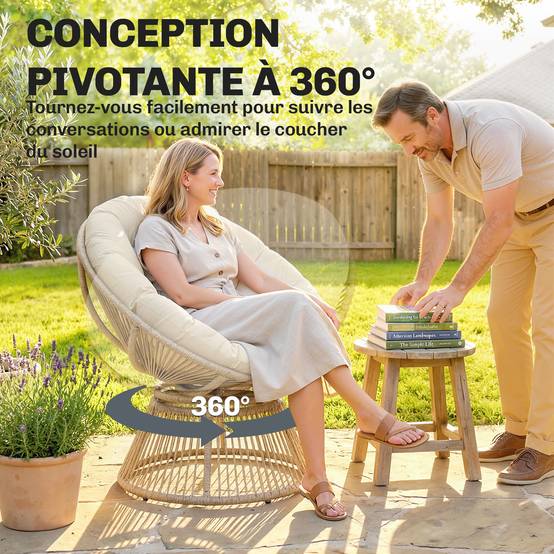 Fauteuil Papasan pivotant 360° résine tressée intérieur extérieur avec coussin 93cm crème - ComfortXL Outdoor Living - Image 6