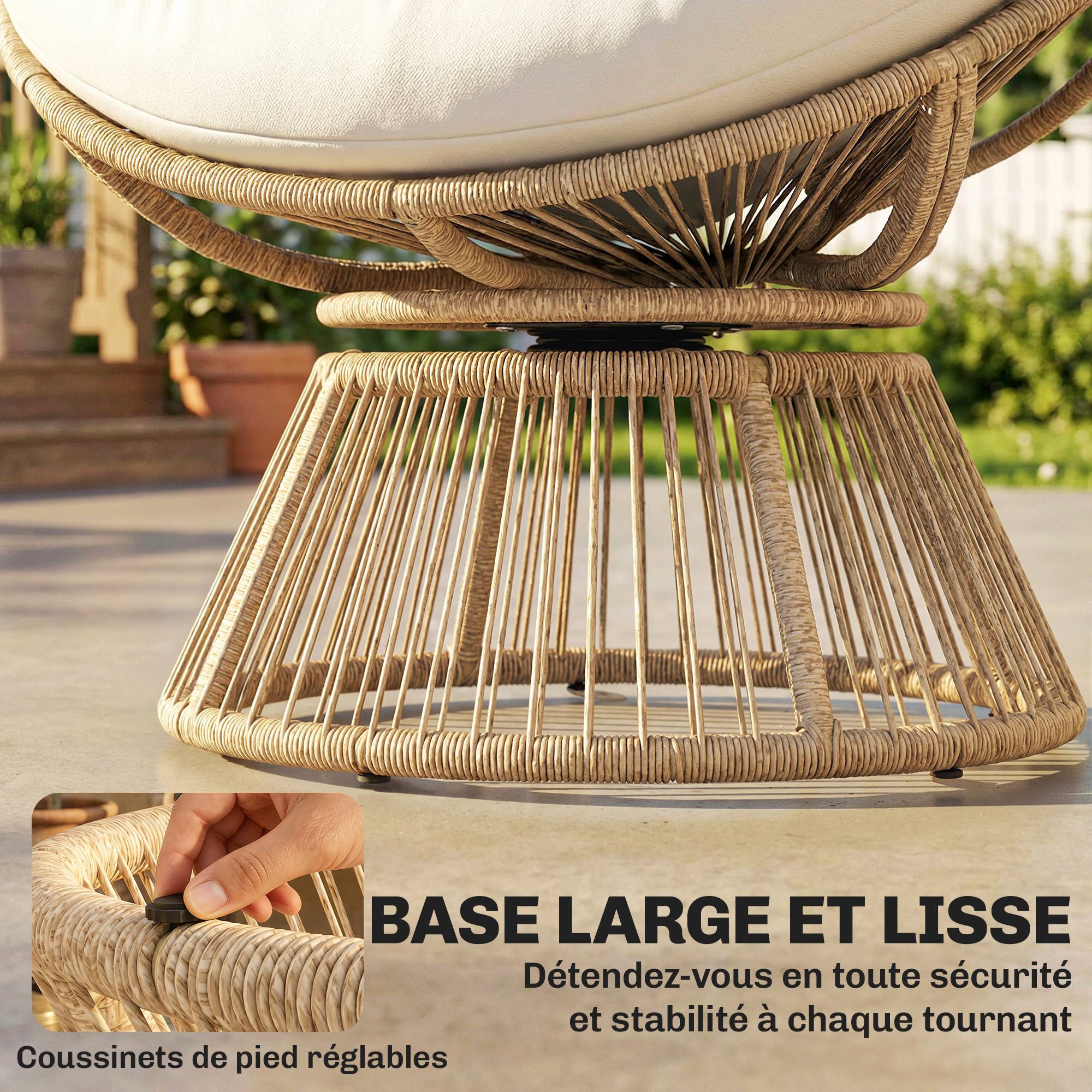 Fauteuil Papasan pivotant 360° résine tressée intérieur extérieur avec coussin 93cm crème - ComfortXL Outdoor Living - Image 9
