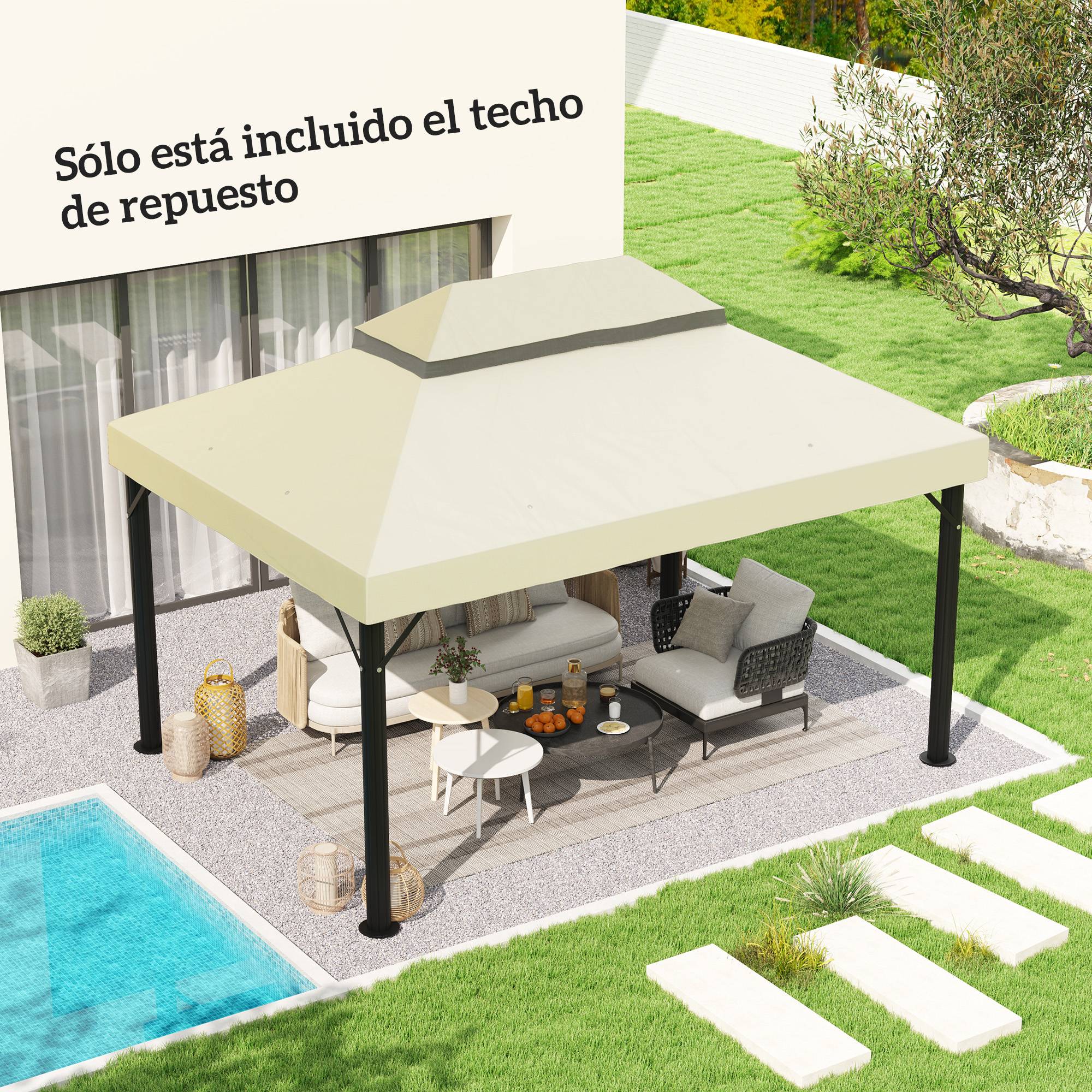 Toile de Rechange pour Tonnelle 4x3m Tissu Oxford Double Toit Anti-UV avec Drainage Crème - ComfortXL Outdoor Living - Image 3