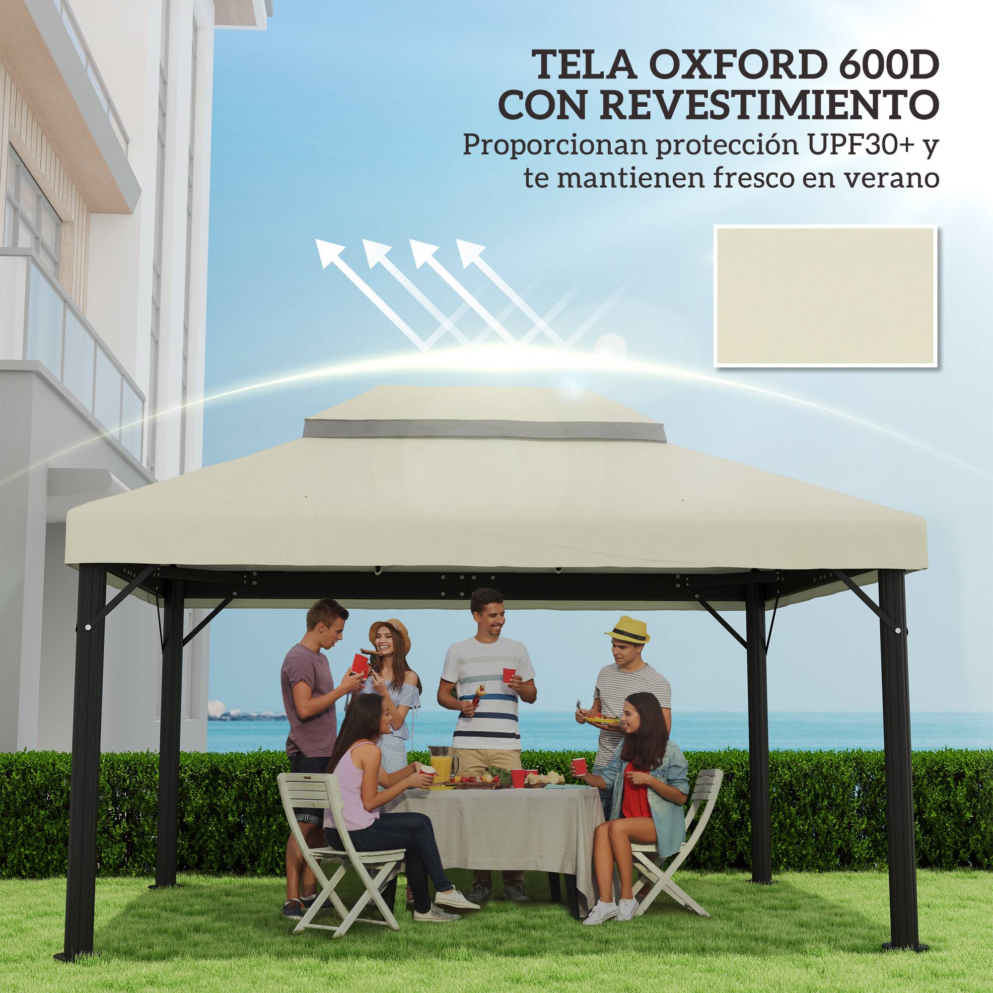 Toile de Rechange pour Tonnelle 4x3m Tissu Oxford Double Toit Anti-UV avec Drainage Crème - ComfortXL Outdoor Living - Image 8