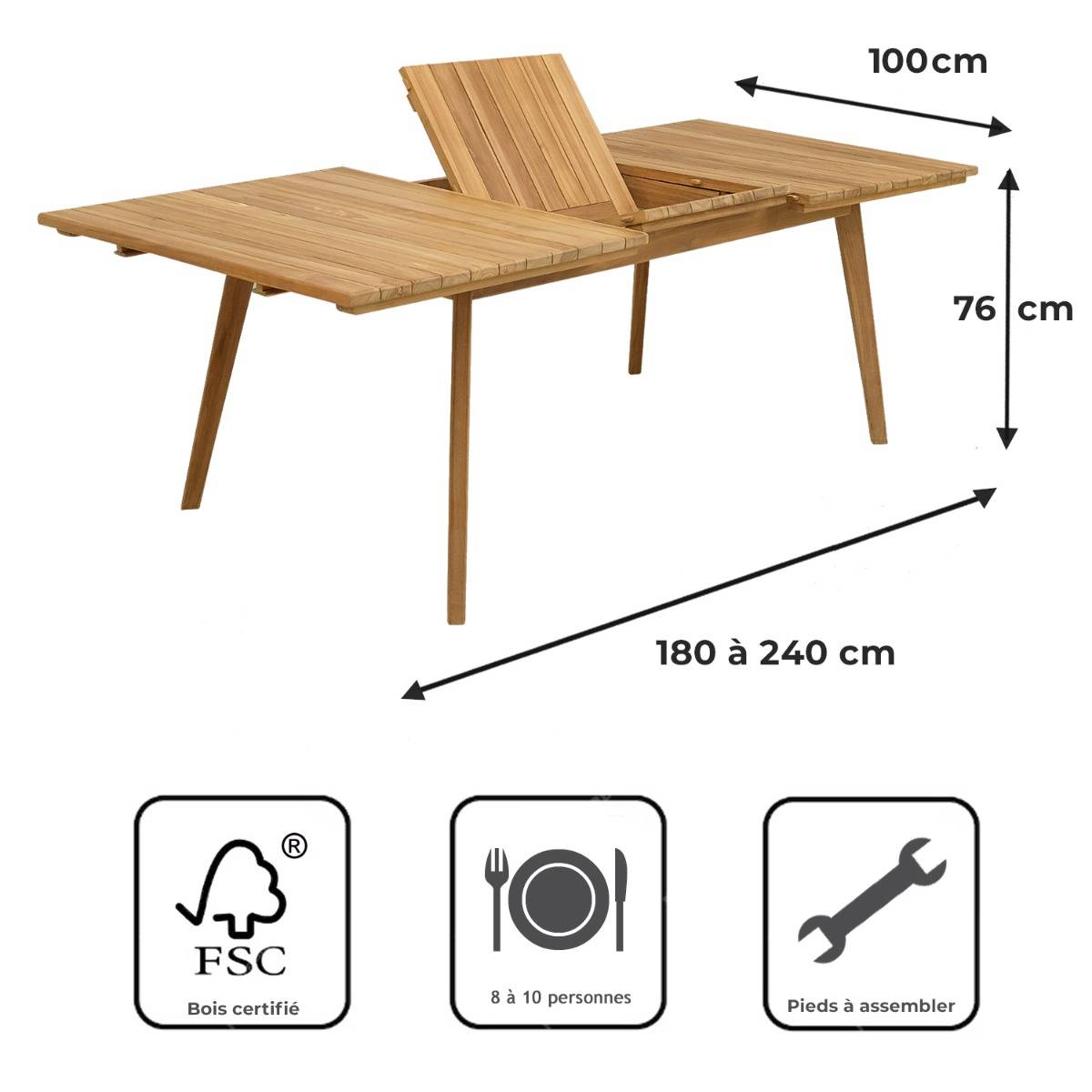 Teck'Attitude - Table extensible rectangulaire teck Flora 180/240 x 100 cm - TECK'Attitude - Image 7