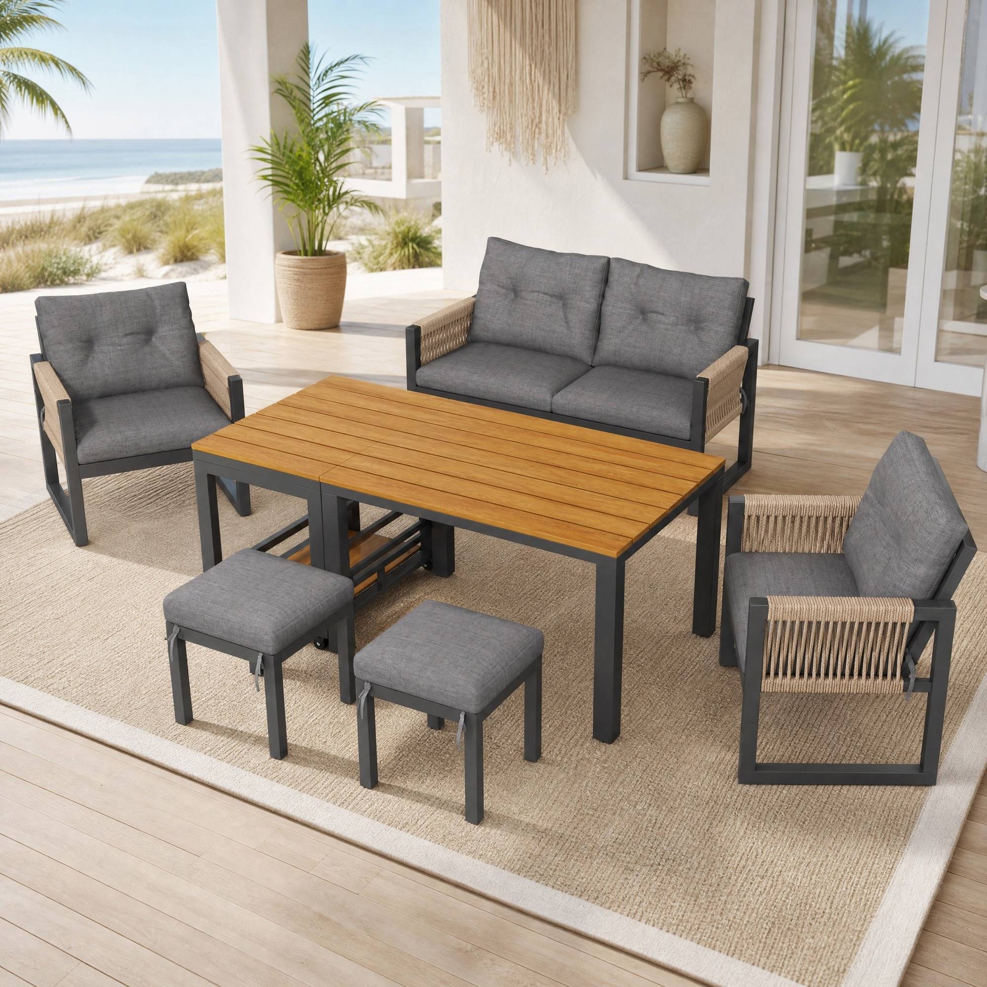 Salon de Jardin avec Canapé 2 Places 2 Fauteuils 2 Poufs et Table Polyester Gris Naturel - Image 4