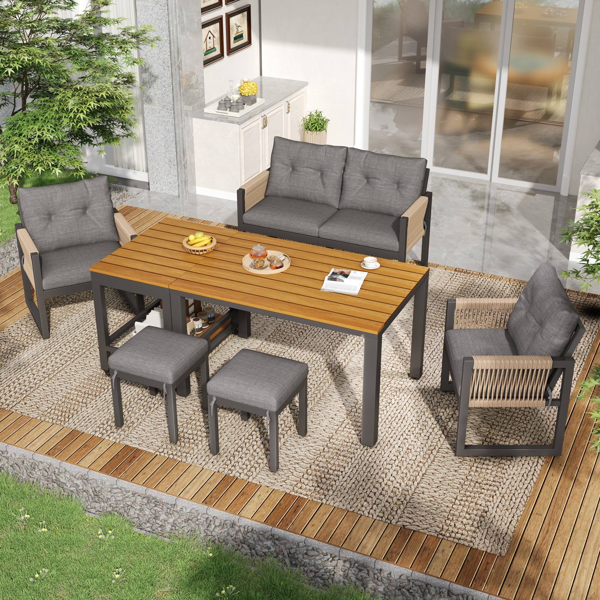 Salon de Jardin avec Canapé 2 Places 2 Fauteuils 2 Poufs et Table Polyester Gris Naturel - Image 2