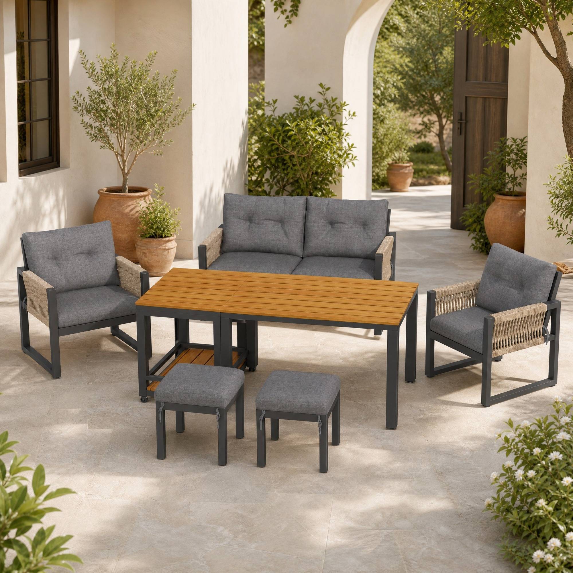 Salon de Jardin avec Canapé 2 Places 2 Fauteuils 2 Poufs et Table Polyester Gris Naturel - Image 3