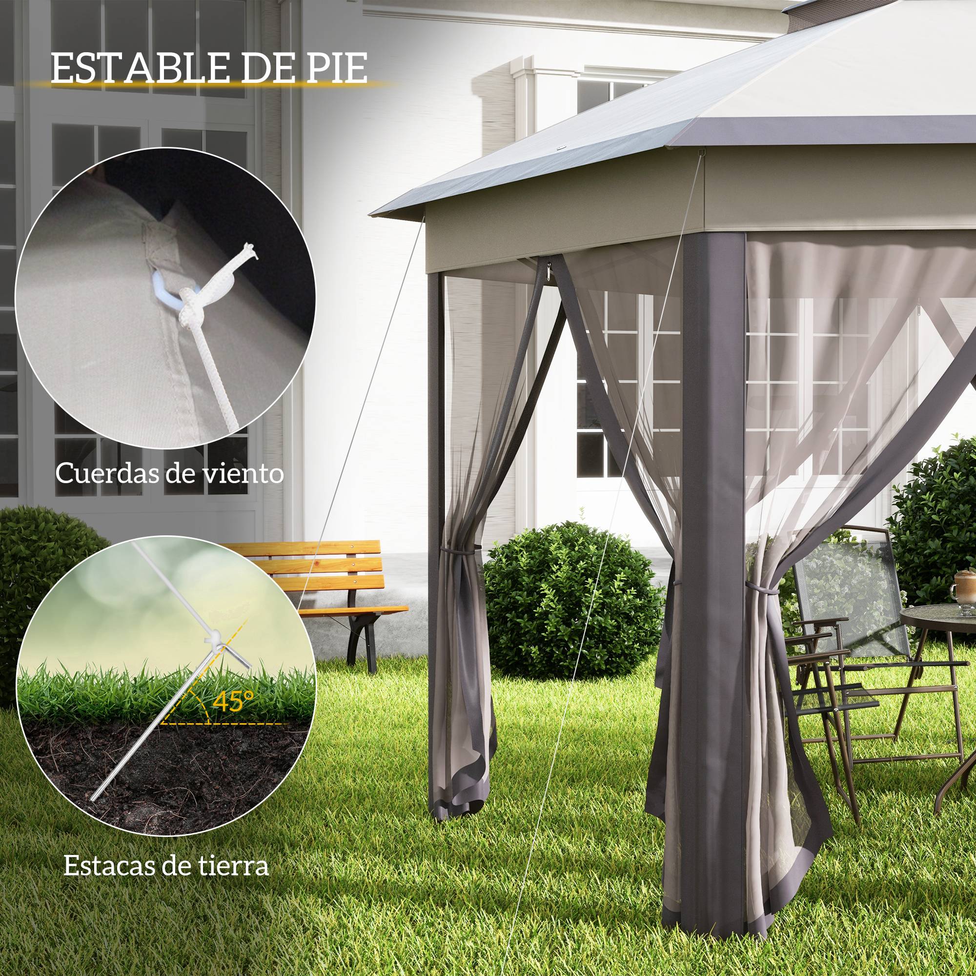 Tente pliante 4 x 3,4 m avec double toit, 6 moustiquaires amovibles et sac de transport anti-UV, marron et beige - Image 8