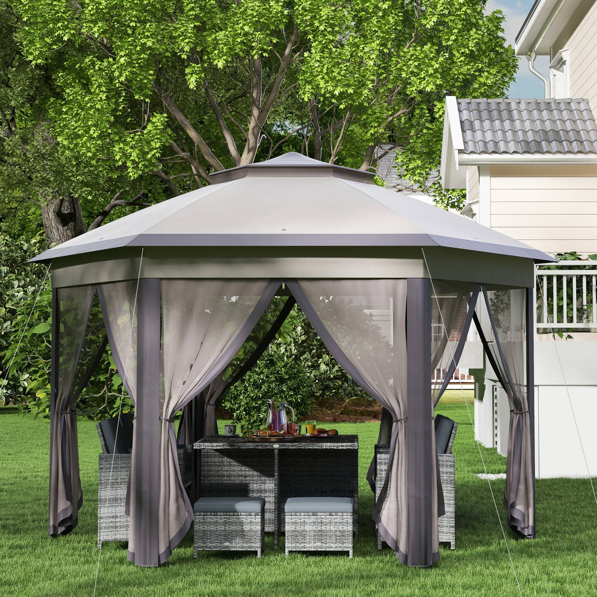 Tente pliante 4 x 3,4 m avec double toit, 6 moustiquaires amovibles et sac de transport anti-UV, marron et beige - Image 9