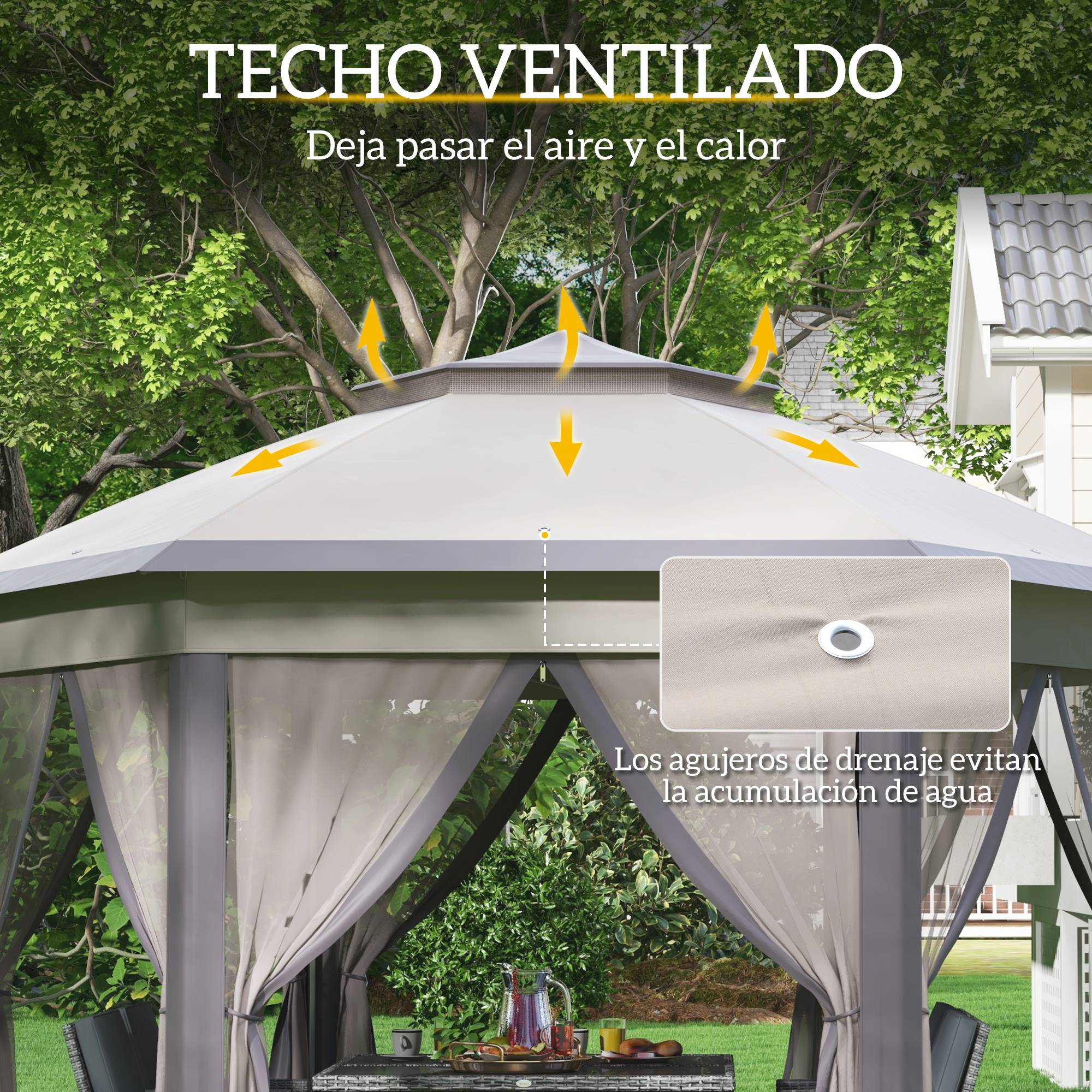 Tente pliante 4 x 3,4 m avec double toit, 6 moustiquaires amovibles et sac de transport anti-UV, marron et beige - Image 7