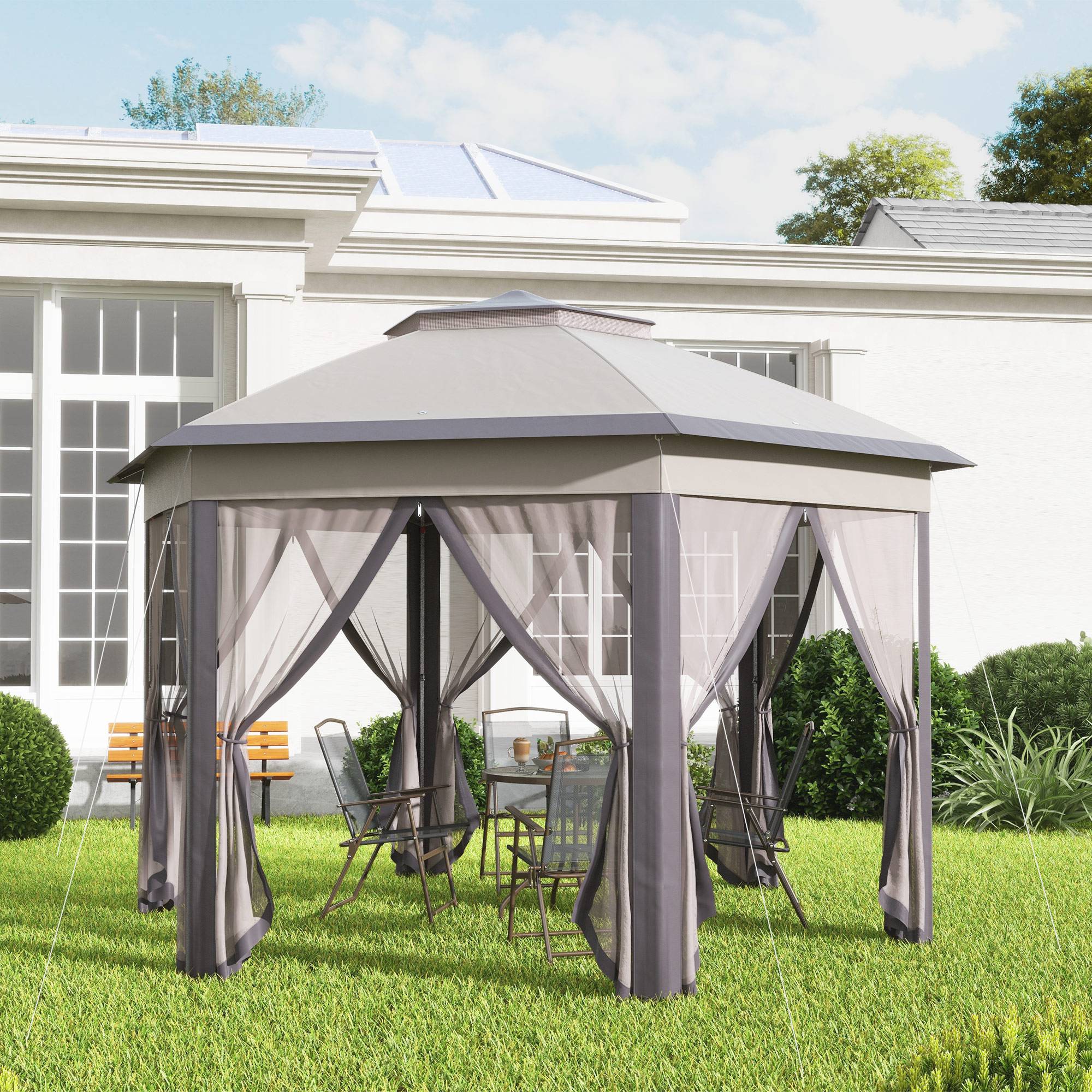 Tente pliante 4 x 3,4 m avec double toit, 6 moustiquaires amovibles et sac de transport anti-UV, marron et beige - Image 10