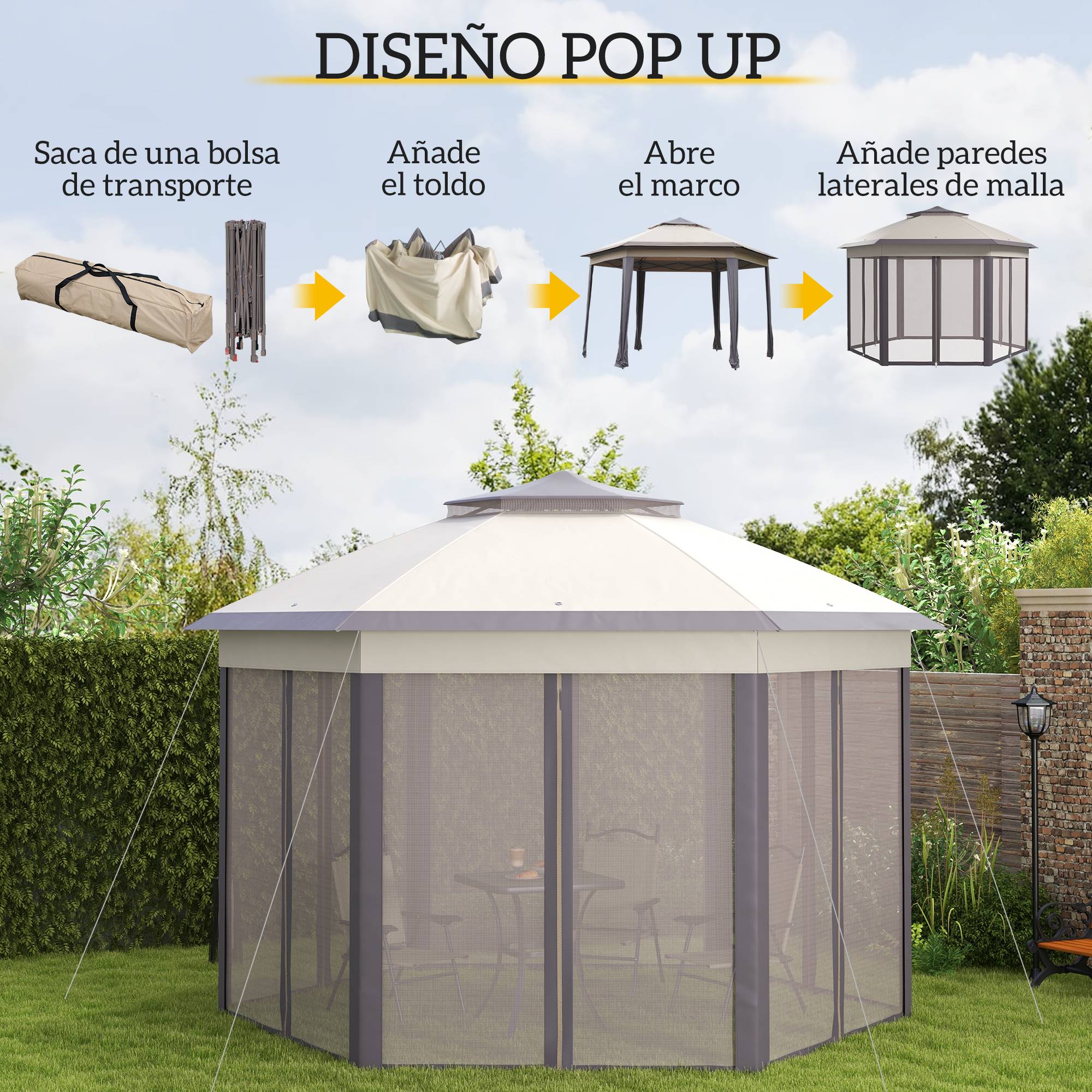 Tente pliante 4 x 3,4 m avec double toit, 6 moustiquaires amovibles et sac de transport anti-UV, marron et beige - Image 6