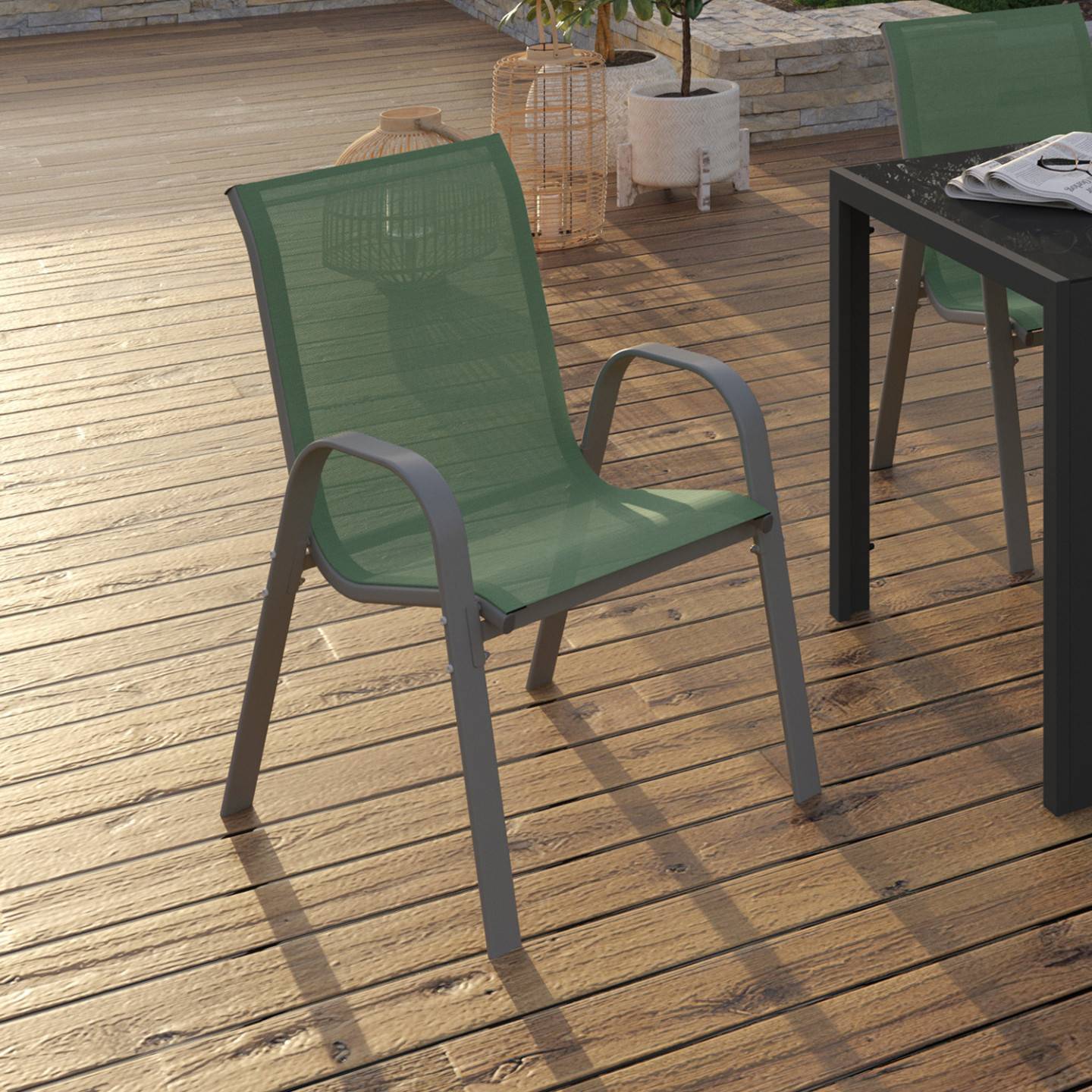 Lot de 6 chaises de jardin LYMA métal et textilène empilables vert olive - Image 1