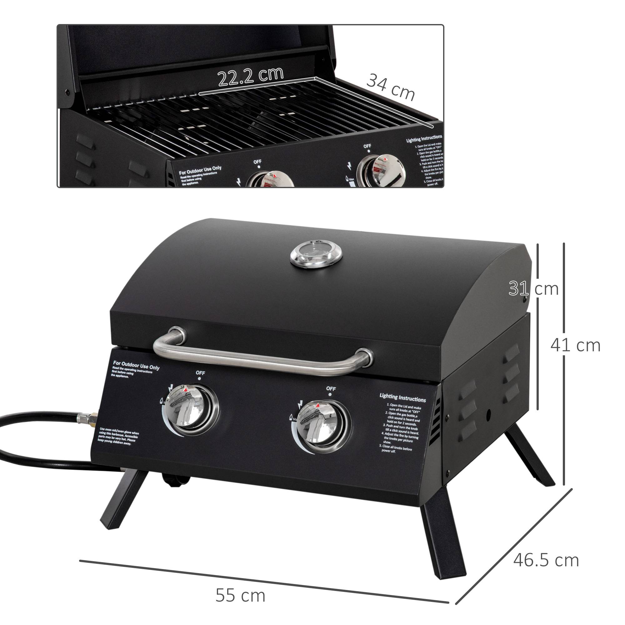 Sans Marque - Barbecue gaz pliable couvercle thermomètre 2 brûleurs acier 55x46,5x41 cm noir - Image 5